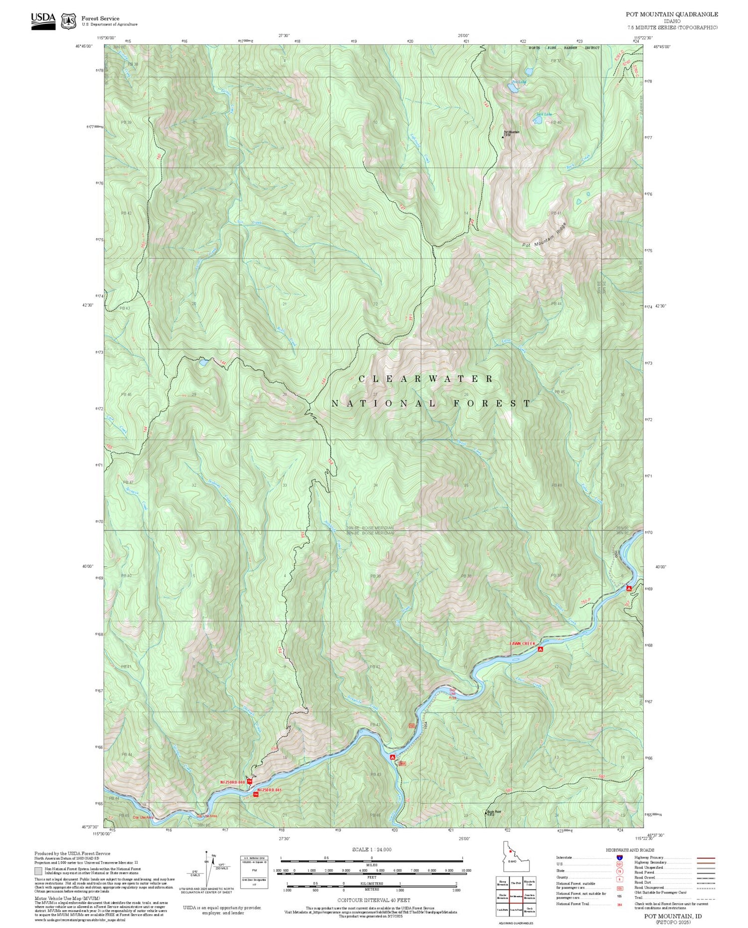 2025 Forest Service Topo Map of Pot Mountain Idaho