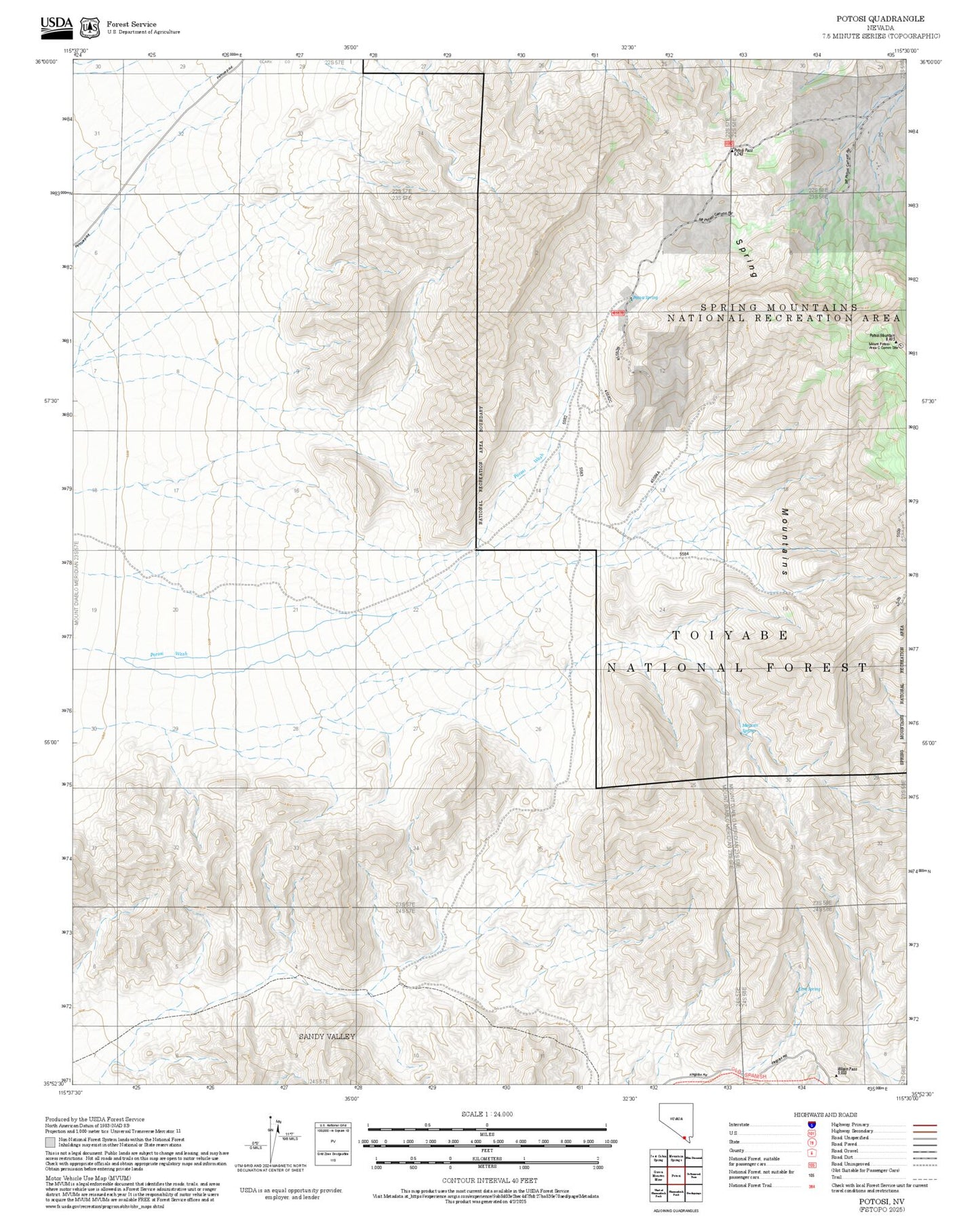 2025 Forest Service Topo Map of Potosi Nevada