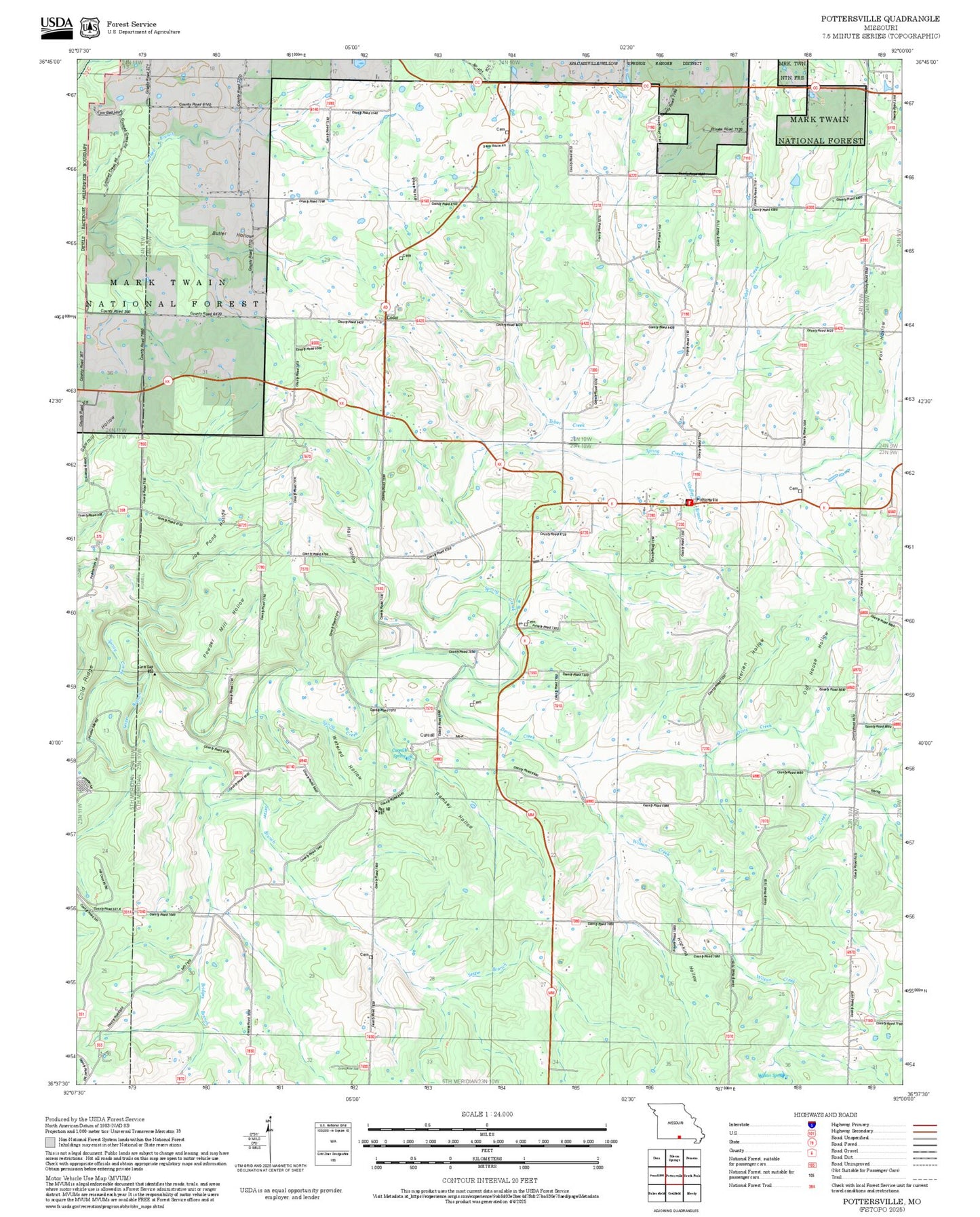 2025 Forest Service Topo Map of Pottersville Missouri