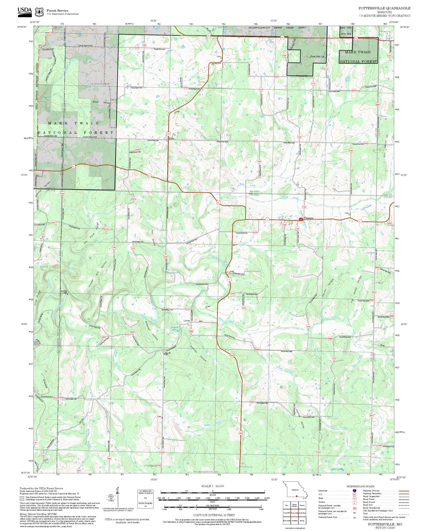 2025 Forest Service Topo Map of Pottersville Missouri