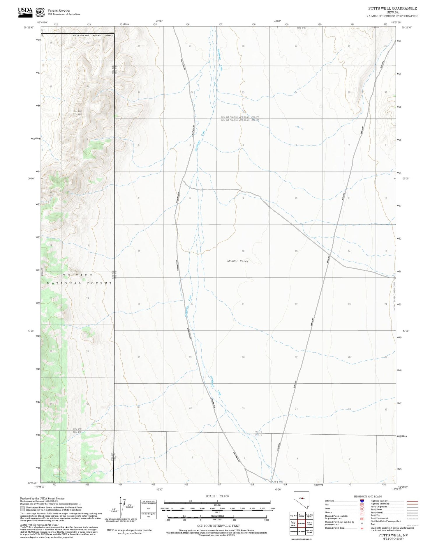 2025 Forest Service Topo Map of Potts Well Nevada