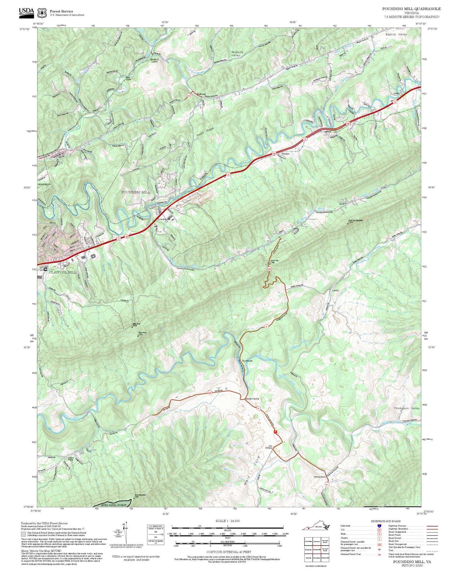 2025 Forest Service Topo Map of Pounding Mill Virginia