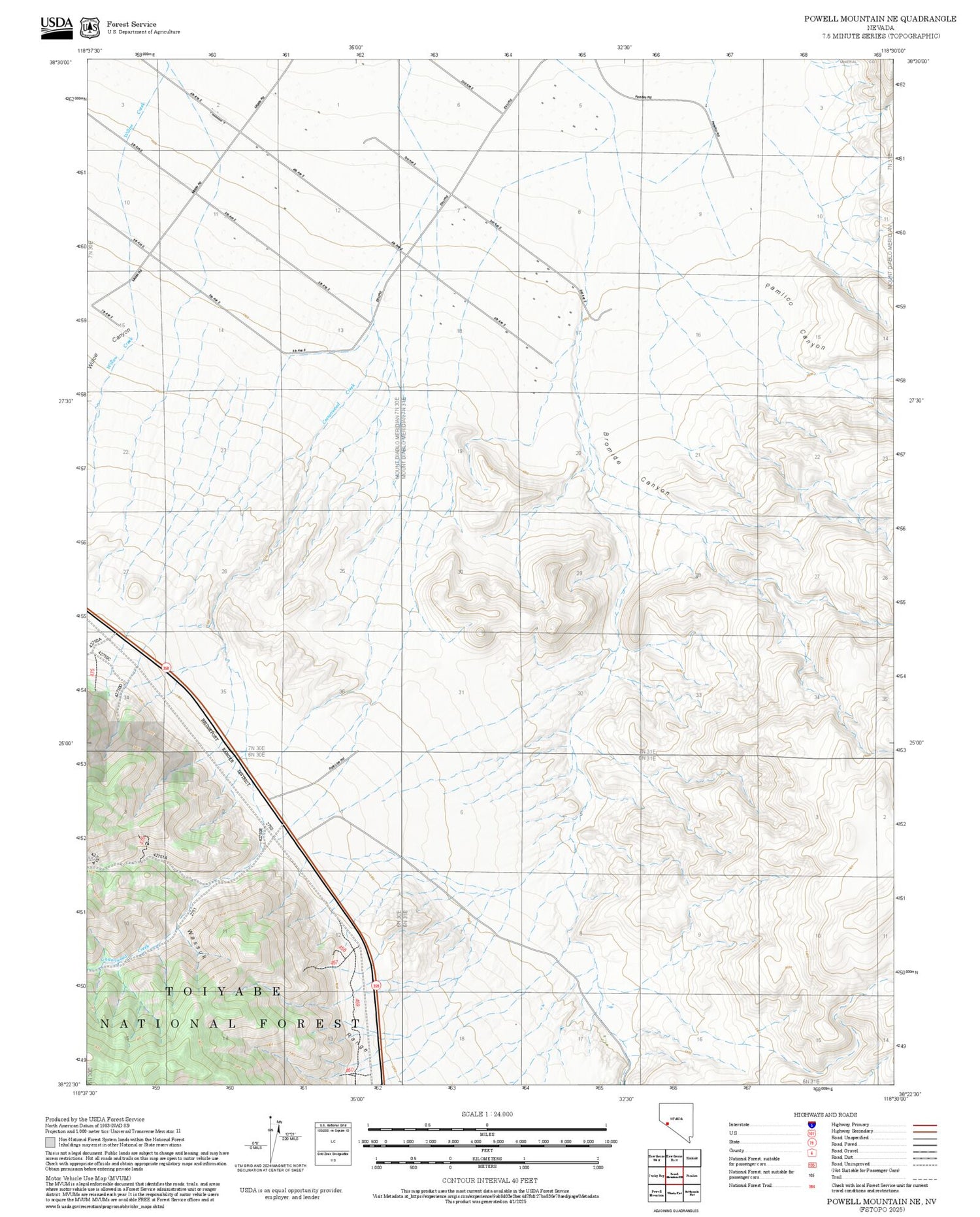 2025 Forest Service Topo Map of Powell Mountain NE Nevada