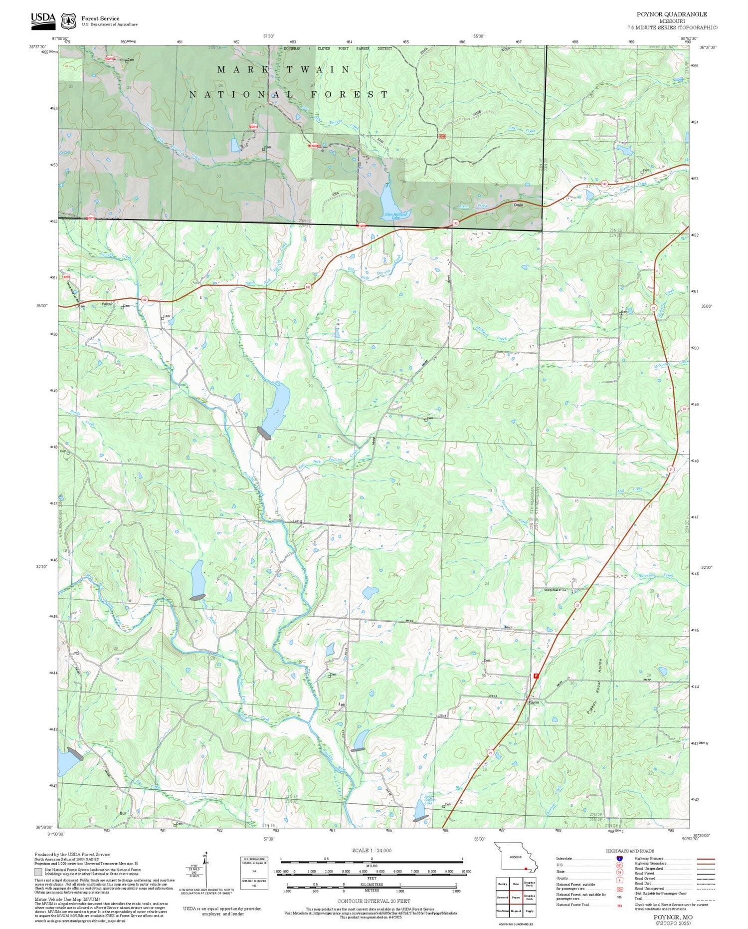 2025 Forest Service Topo Map of Poynor Missouri
