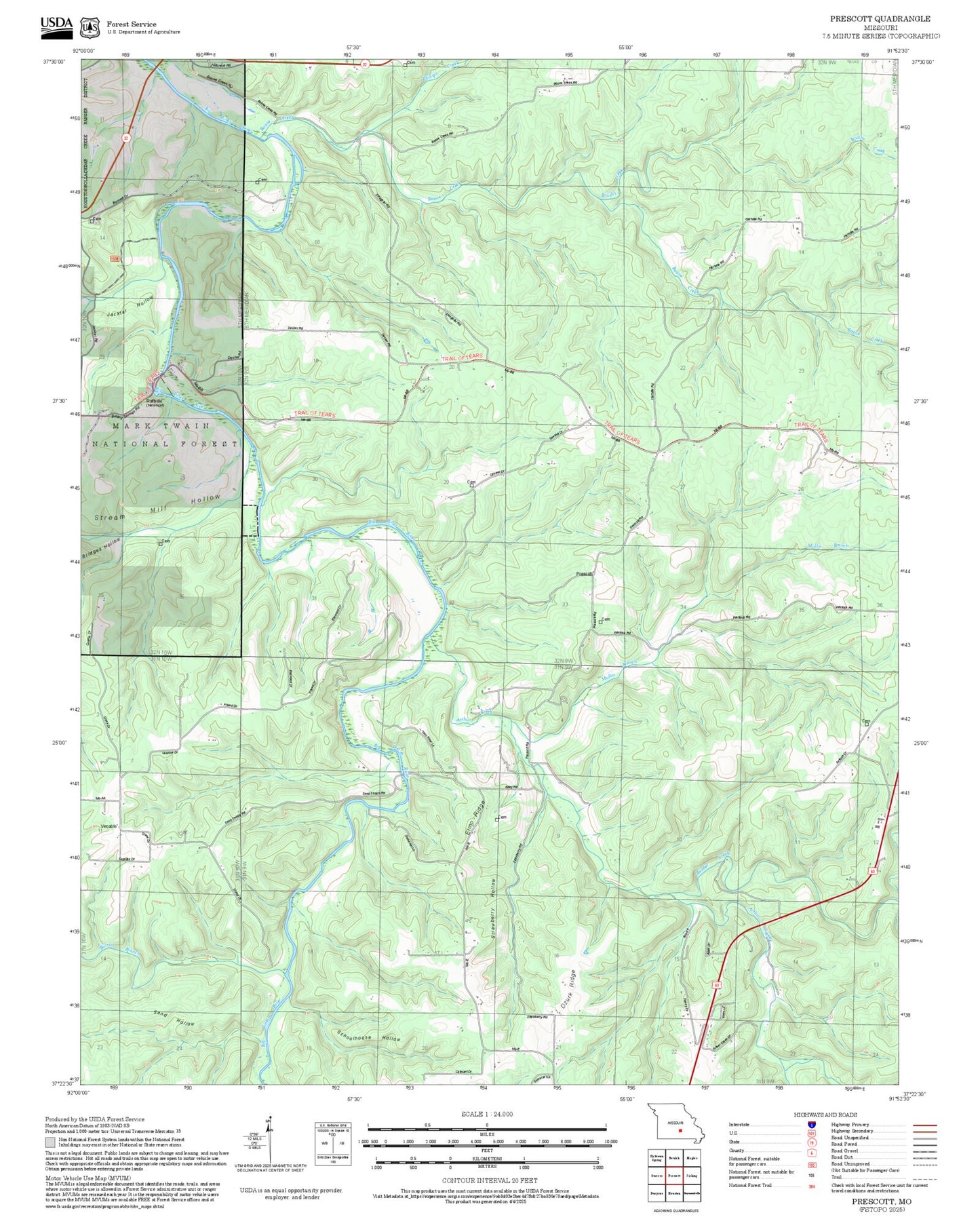 2025 Forest Service Topo Map of Prescott Missouri