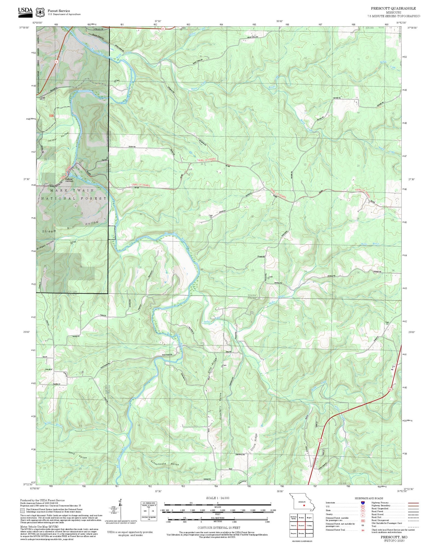 2025 Forest Service Topo Map of Prescott Missouri