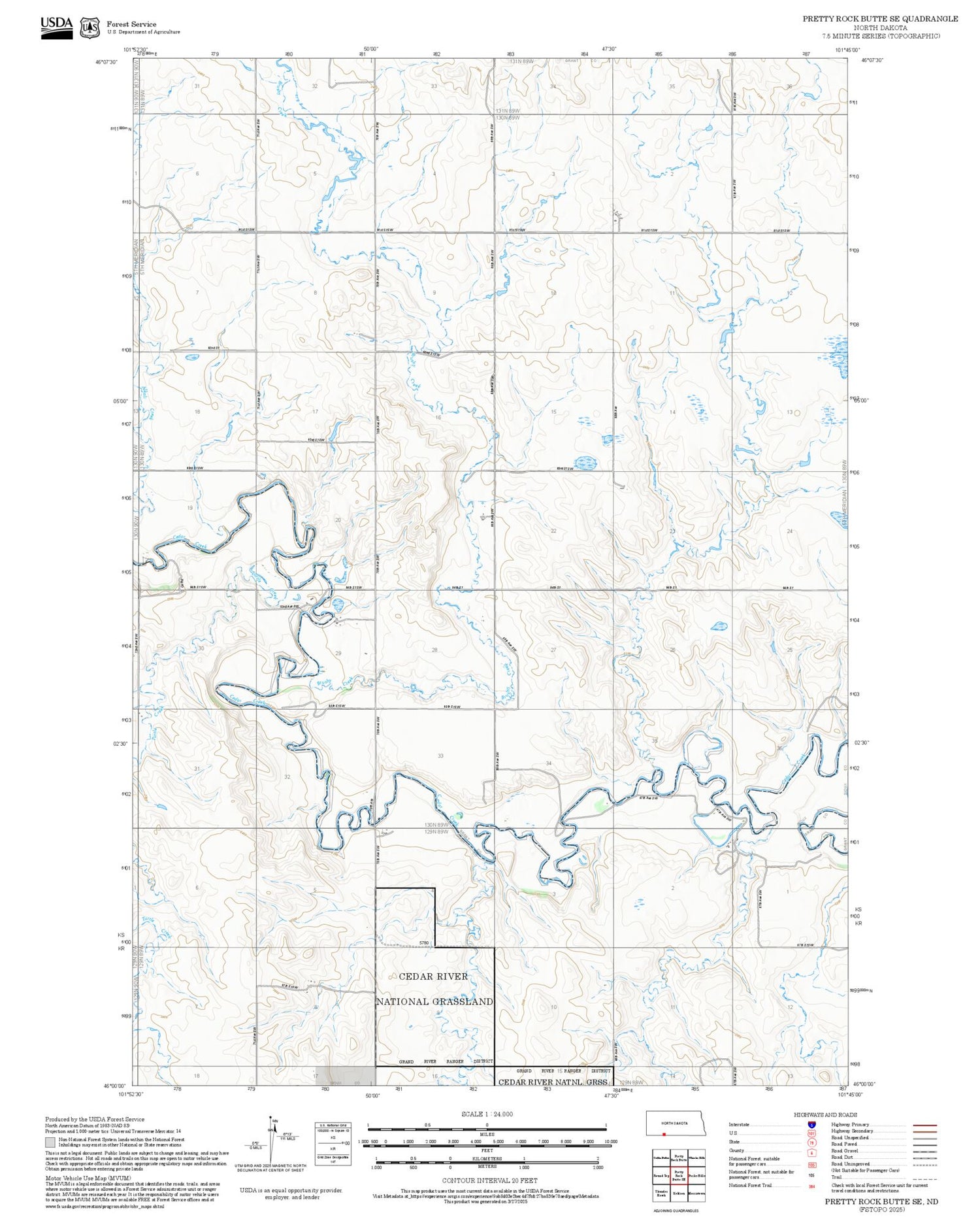 2025 Forest Service Topo Map of Pretty Rock Butte SE North Dakota