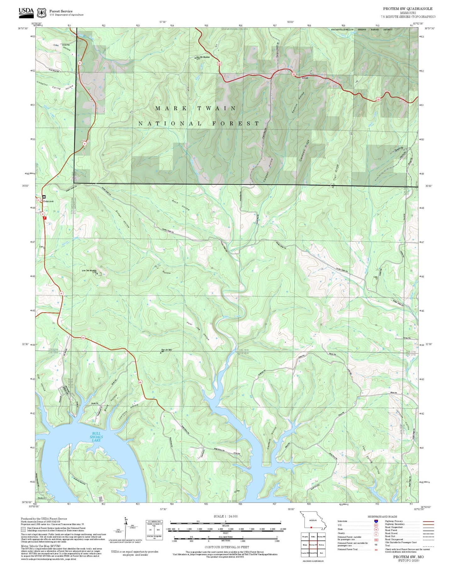 2025 Forest Service Topo Map of Protem SW Missouri
