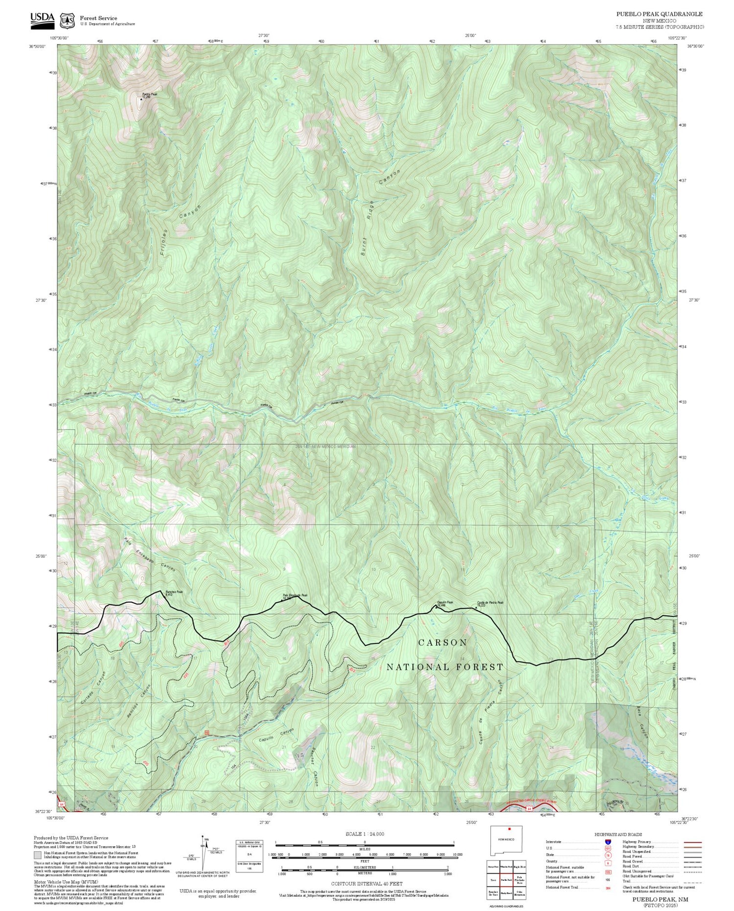 2025 Forest Service Topo Map of Pueblo Peak New Mexico