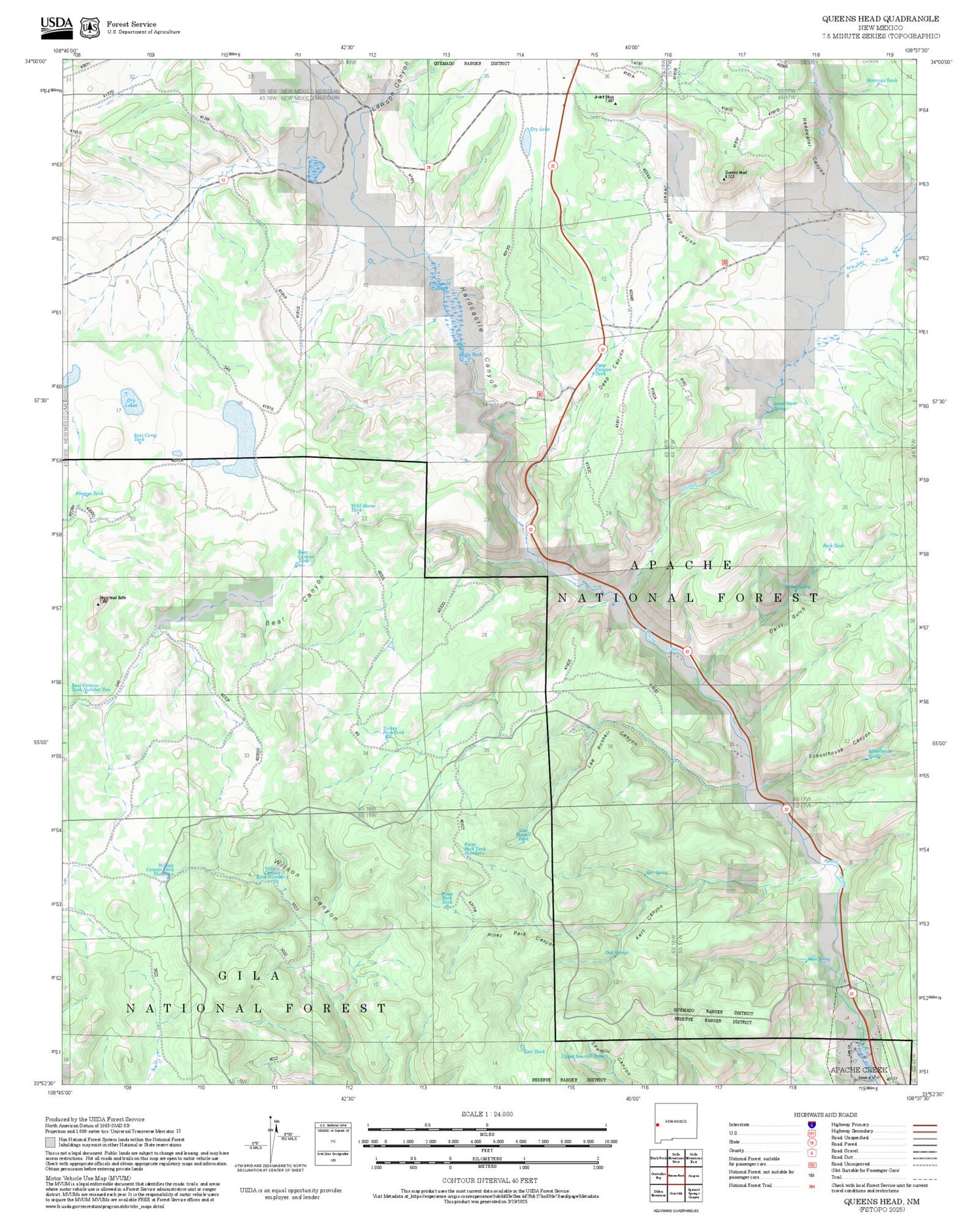 2025 Forest Service Topo Map of Queens Head New Mexico