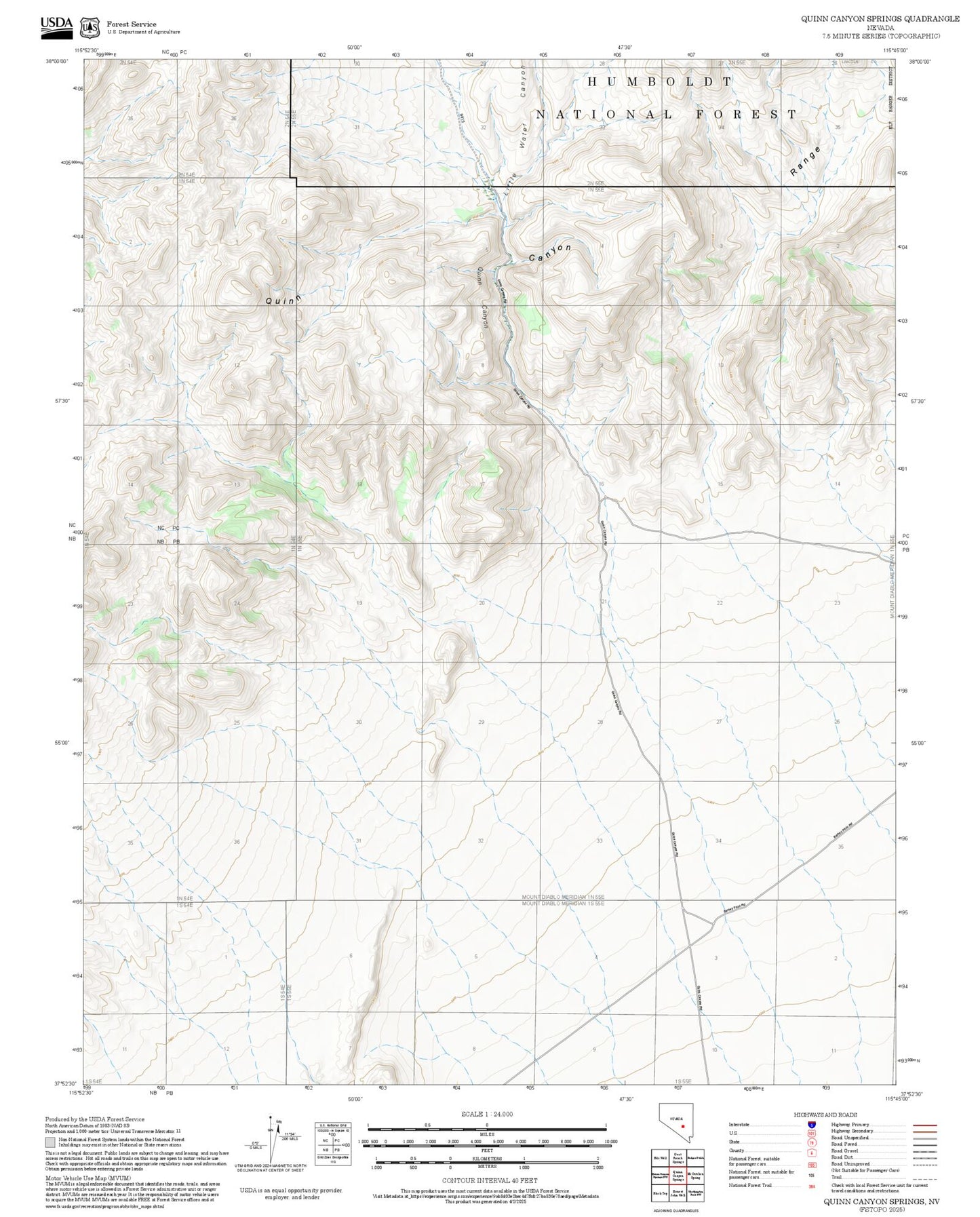2025 Forest Service Topo Map of Quinn Canyon Springs Nevada