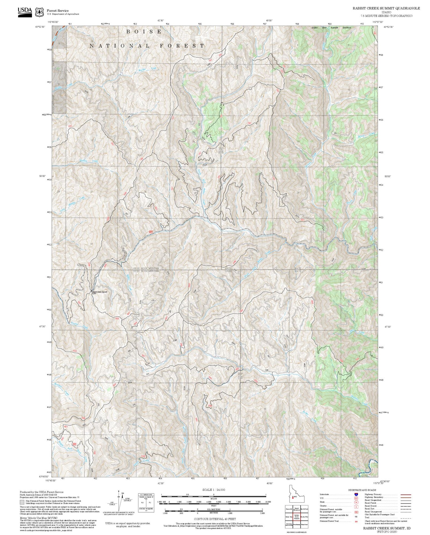 2025 Forest Service Topo Map of Rabbit Creek Summit Idaho