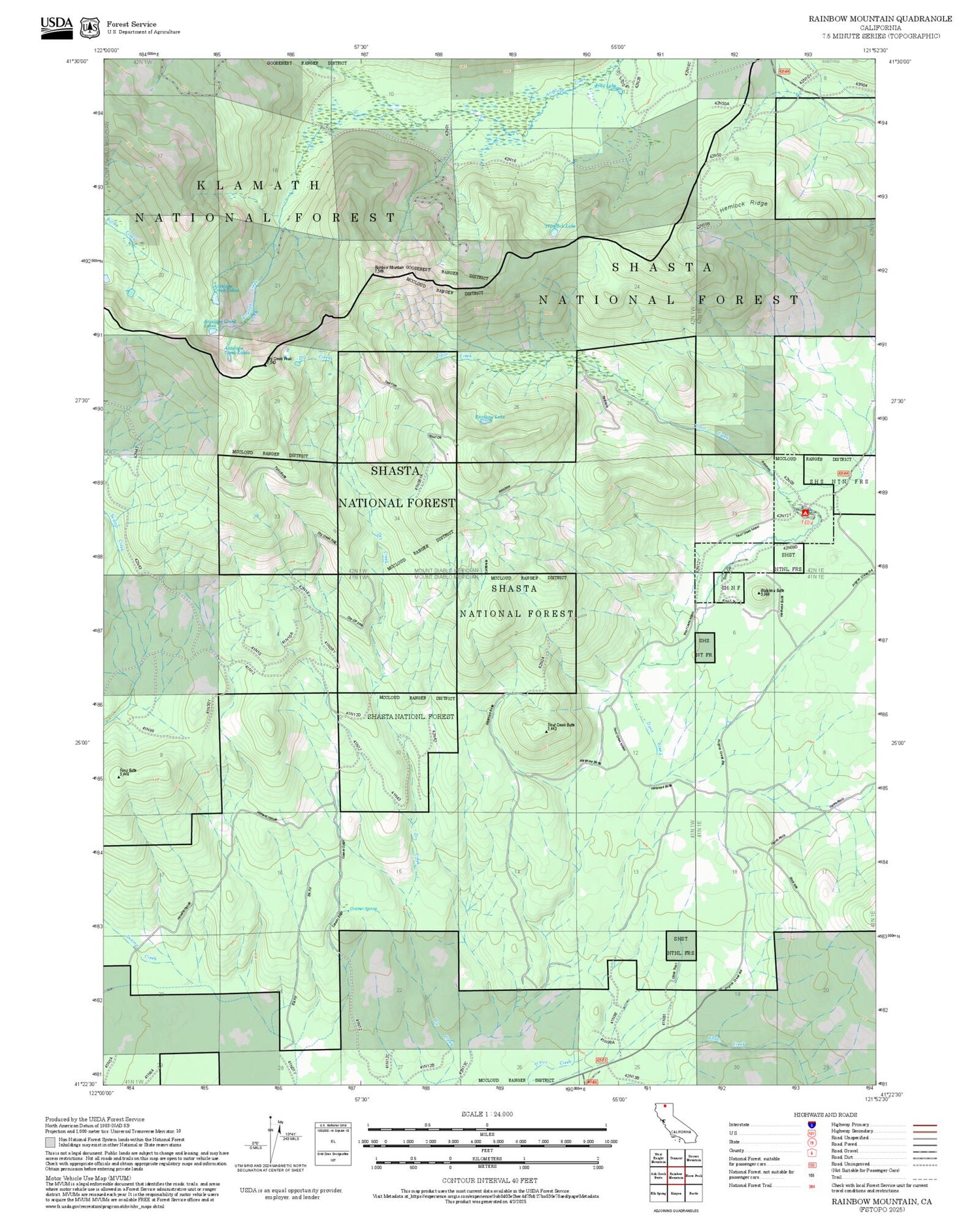 2025 Forest Service Topo Map of Rainbow Mountain California