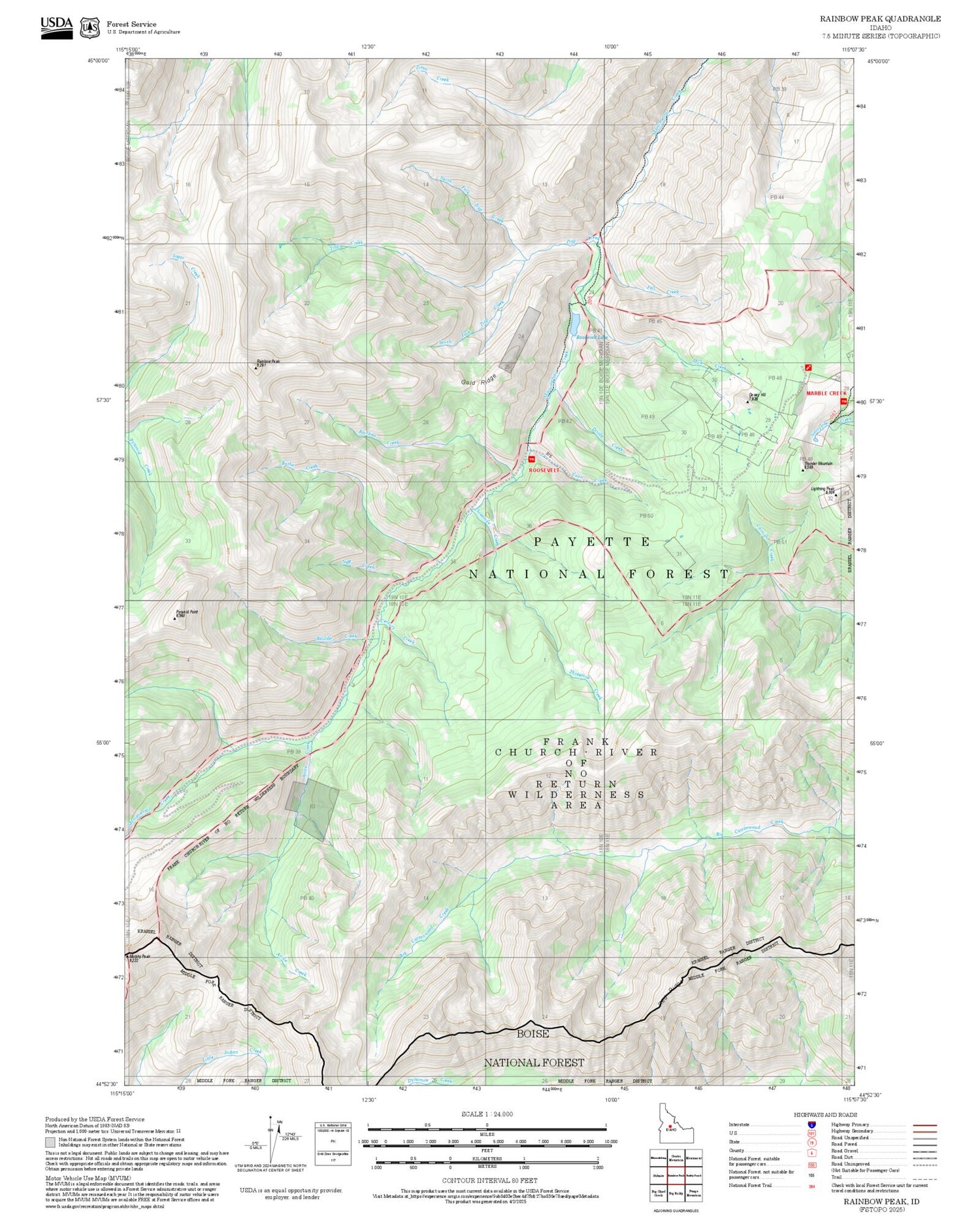 2025 Forest Service Topo Map of Rainbow Peak Idaho