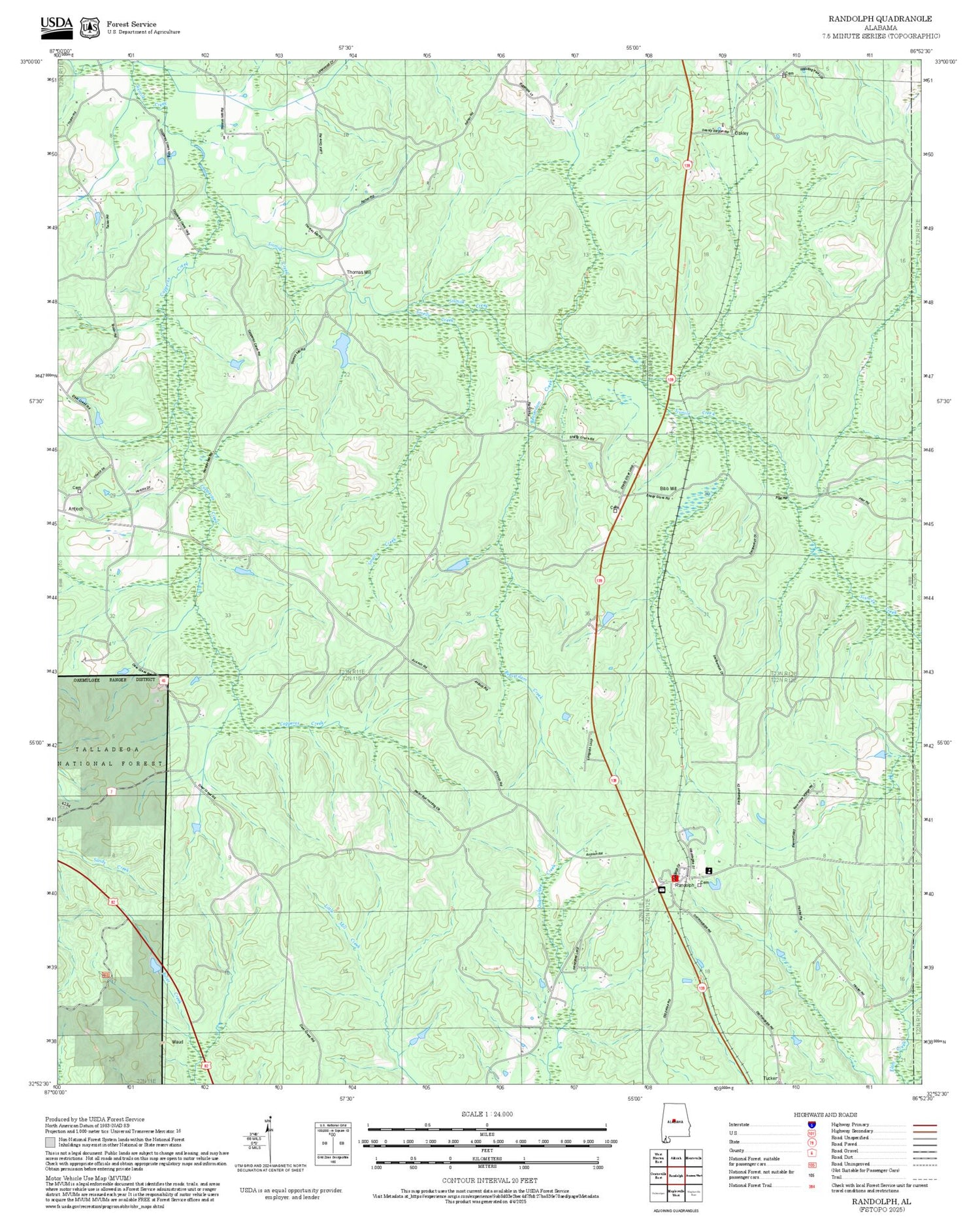 2025 Forest Service Topo Map of Randolph Alabama