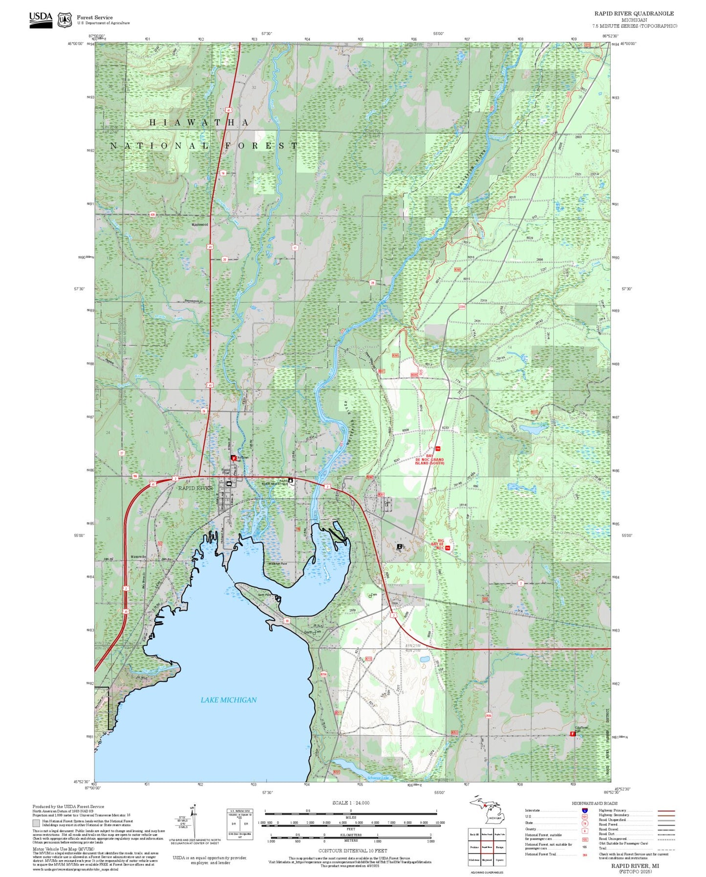 2025 Forest Service Topo Map of Rapid River Michigan