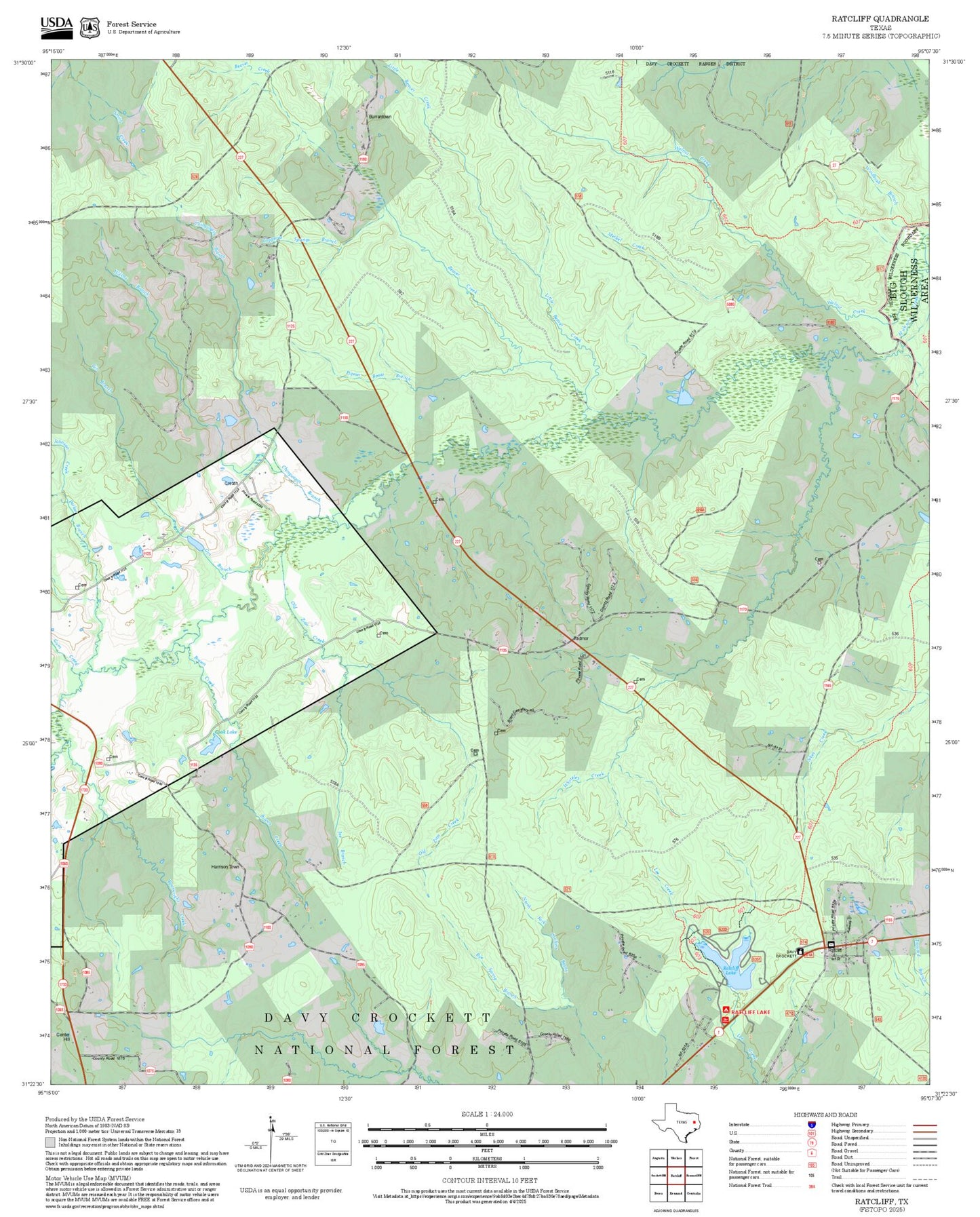 2025 Forest Service Topo Map of Ratcliff Texas