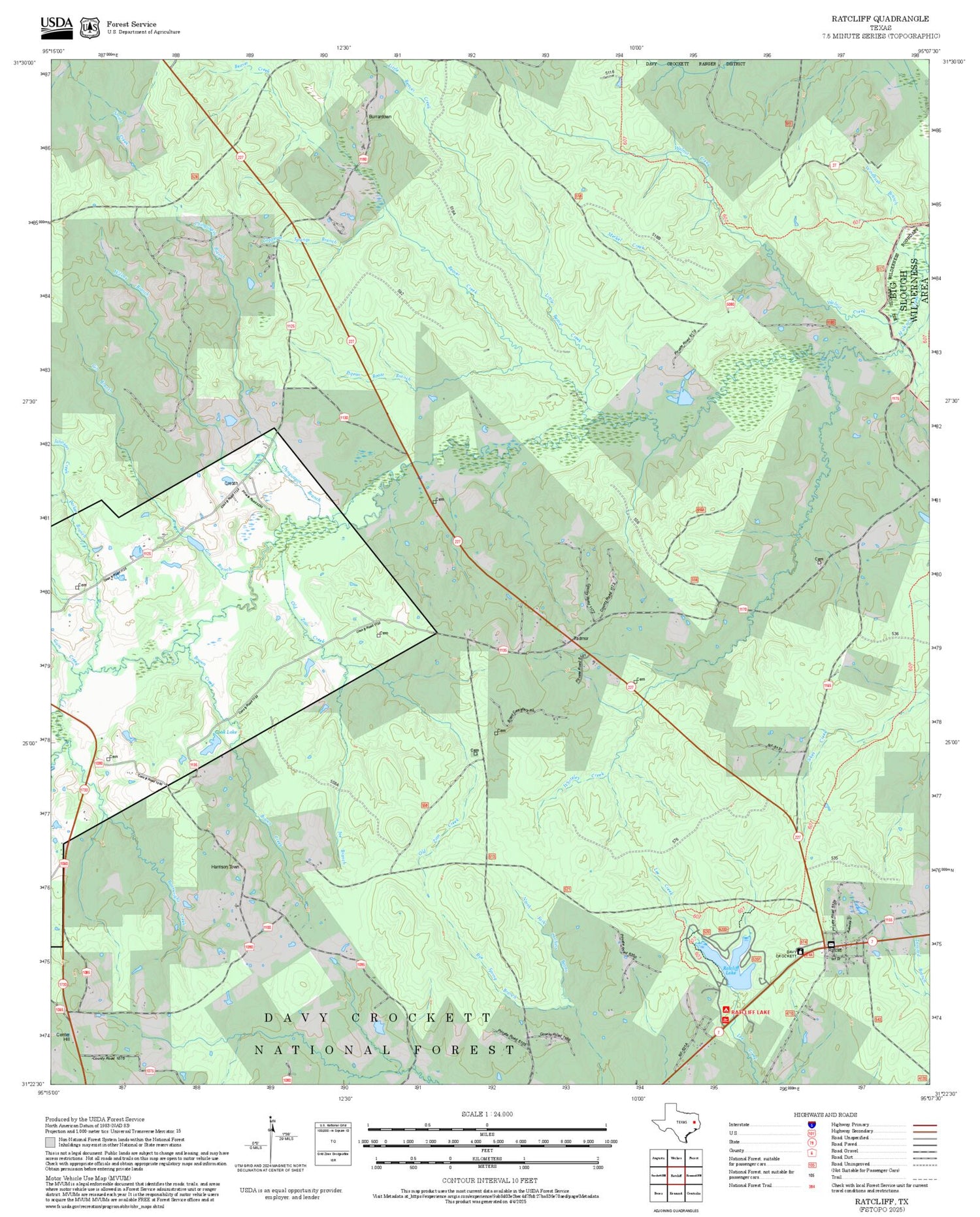 2025 Forest Service Topo Map of Ratcliff Texas