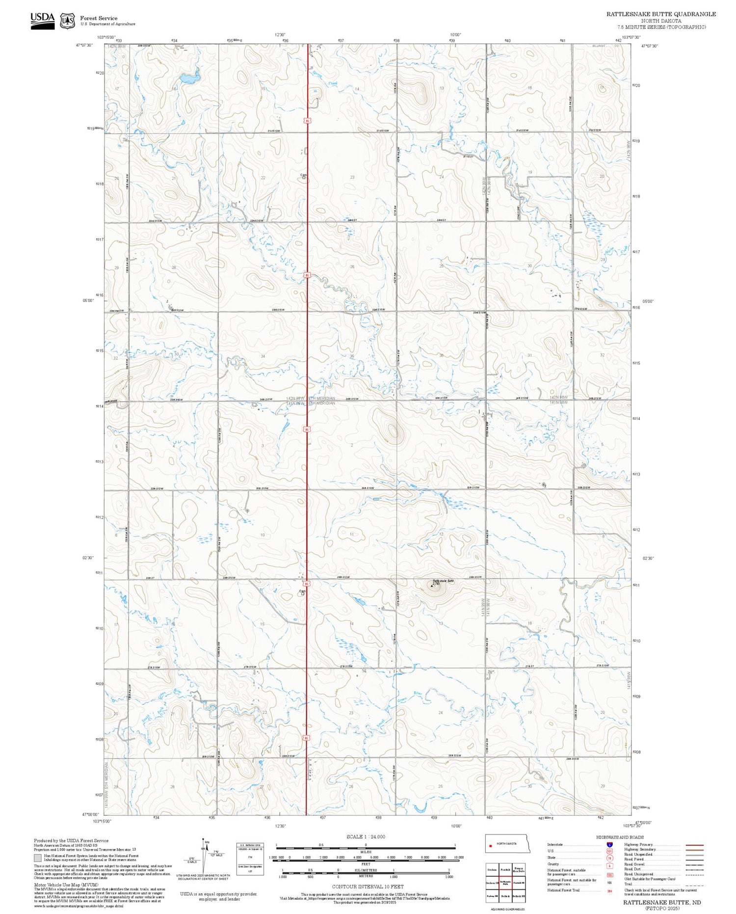 2025 Forest Service Topo Map of Rattlesnake Butte North Dakota