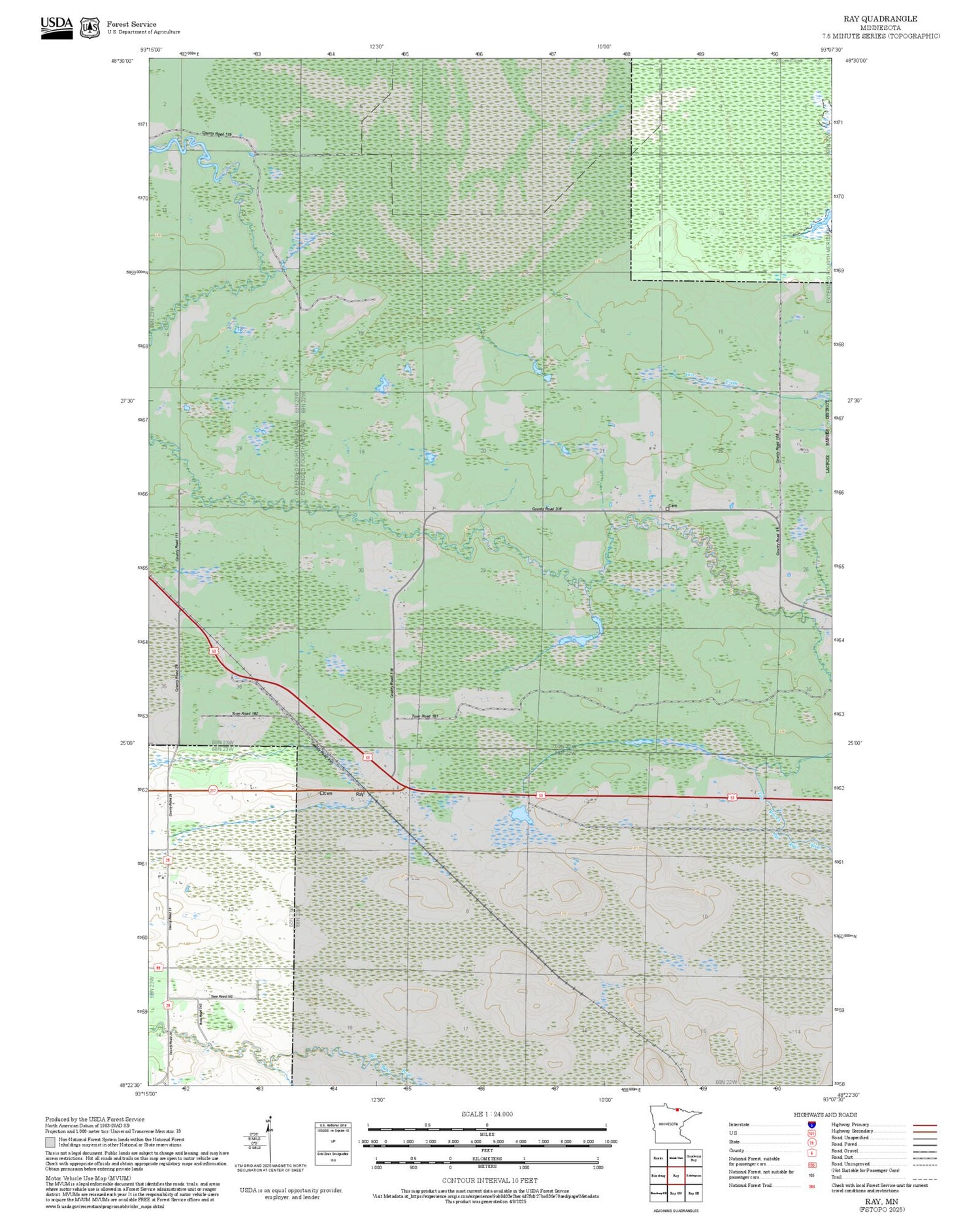 2025 Forest Service Topo Map of Ray Minnesota