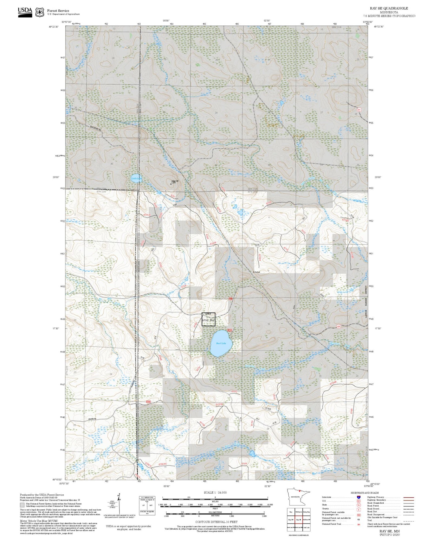 2025 Forest Service Topo Map of Ray SE Minnesota
