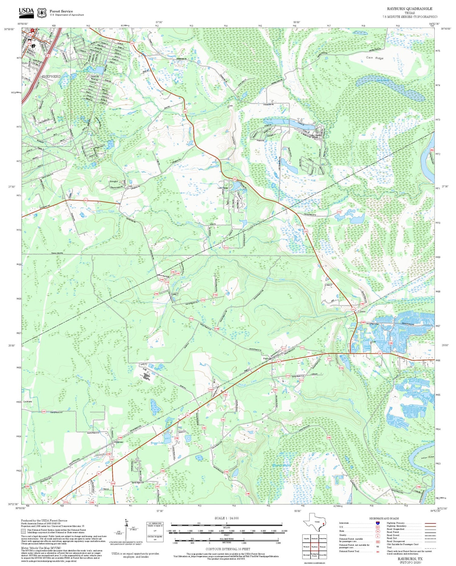 2025 Forest Service Topo Map of Rayburn Texas