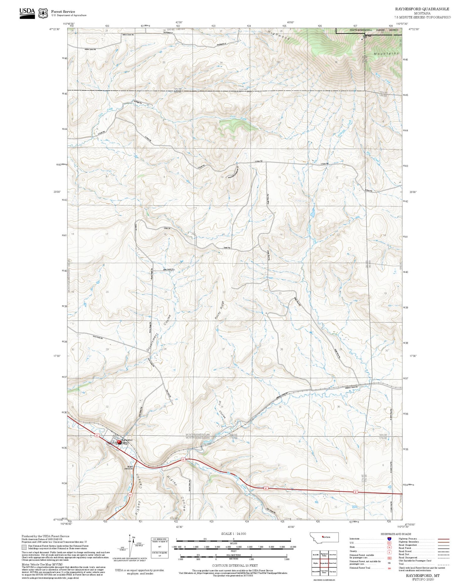 2025 Forest Service Topo Map of Raynesford Montana
