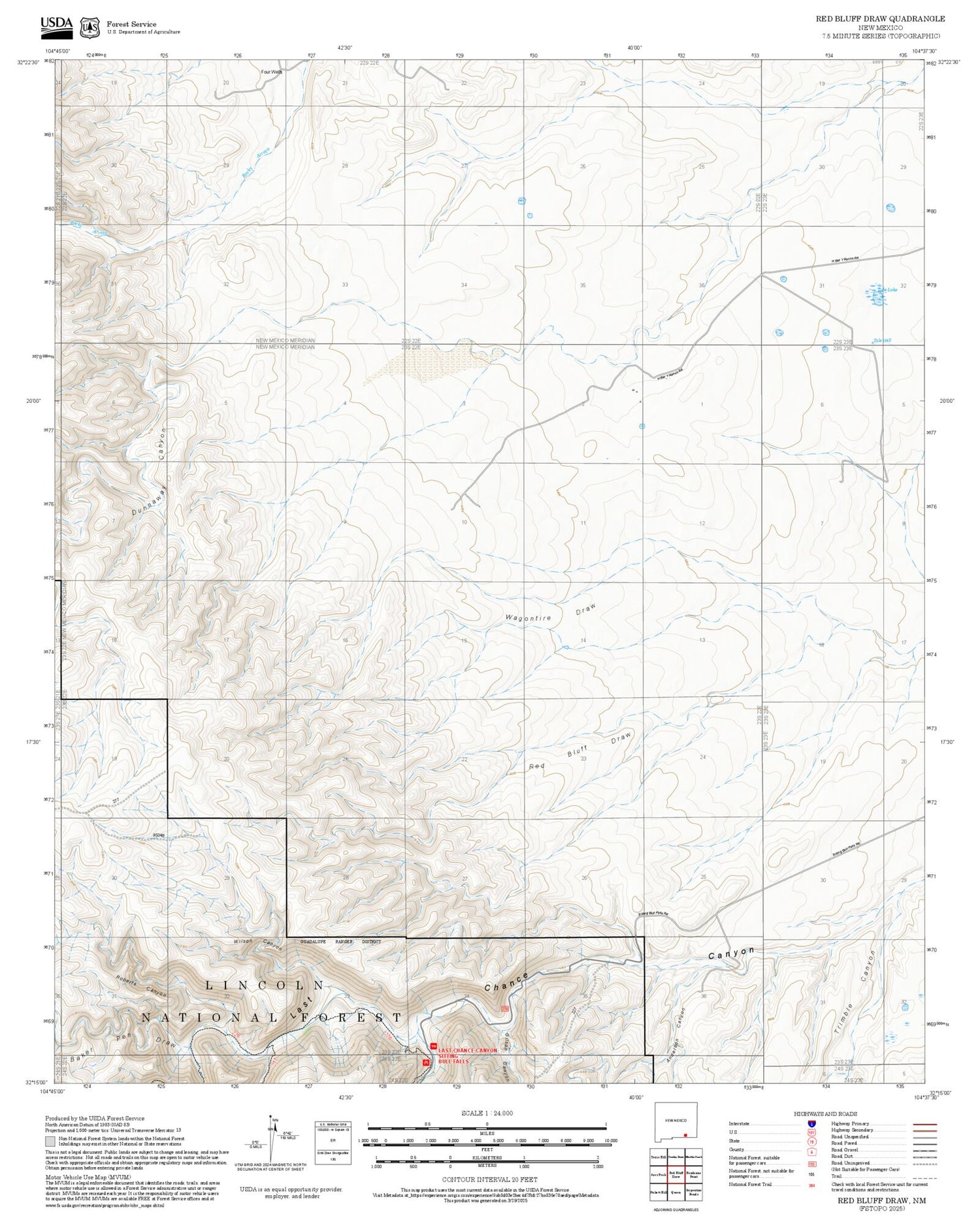 2025 Forest Service Topo Map of Red Bluff Draw New Mexico