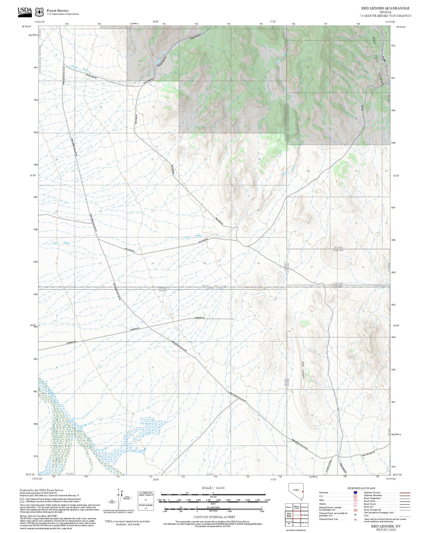 2025 Forest Service Topo Map of Red Ledges Nevada