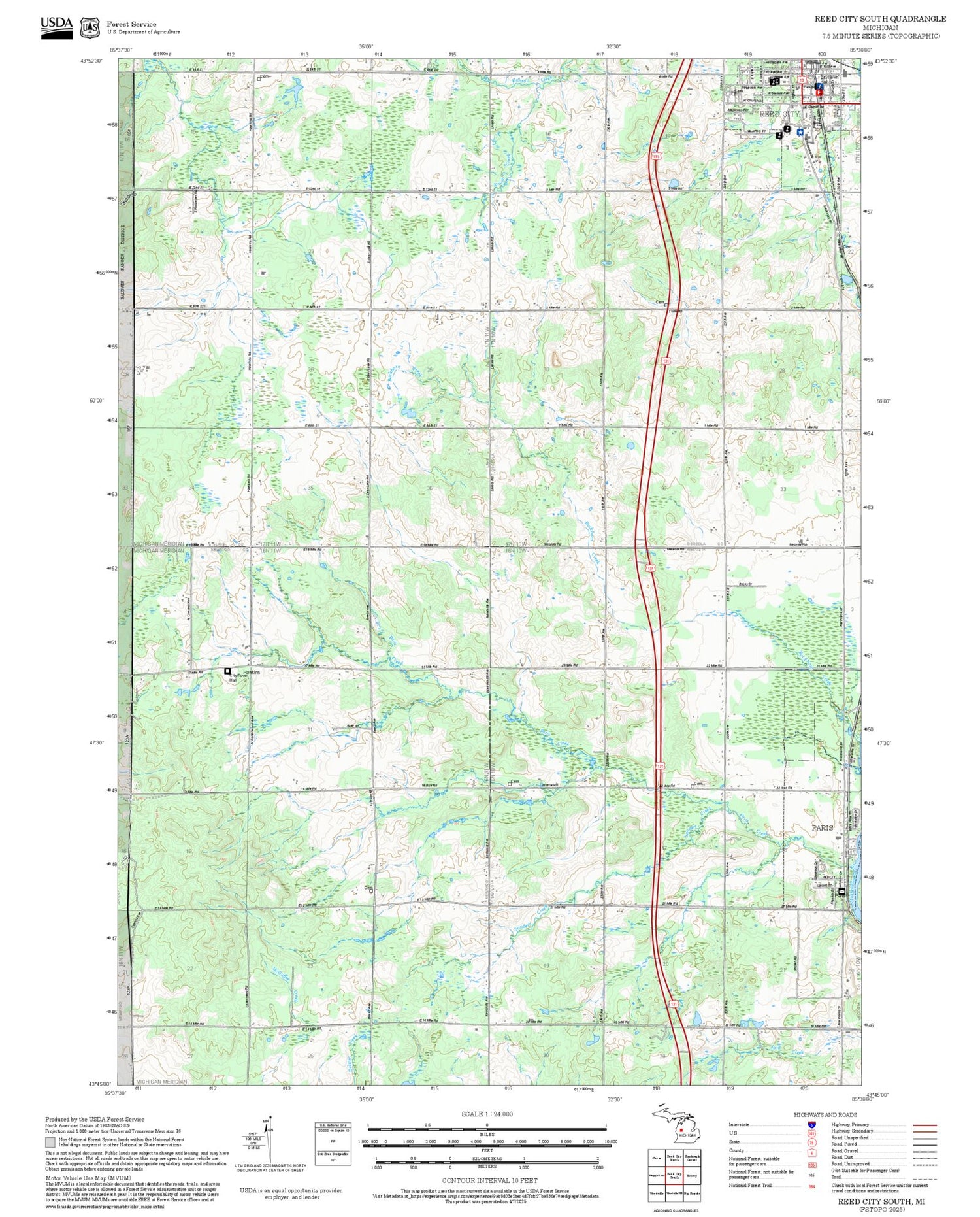 2025 Forest Service Topo Map of Reed City South Michigan
