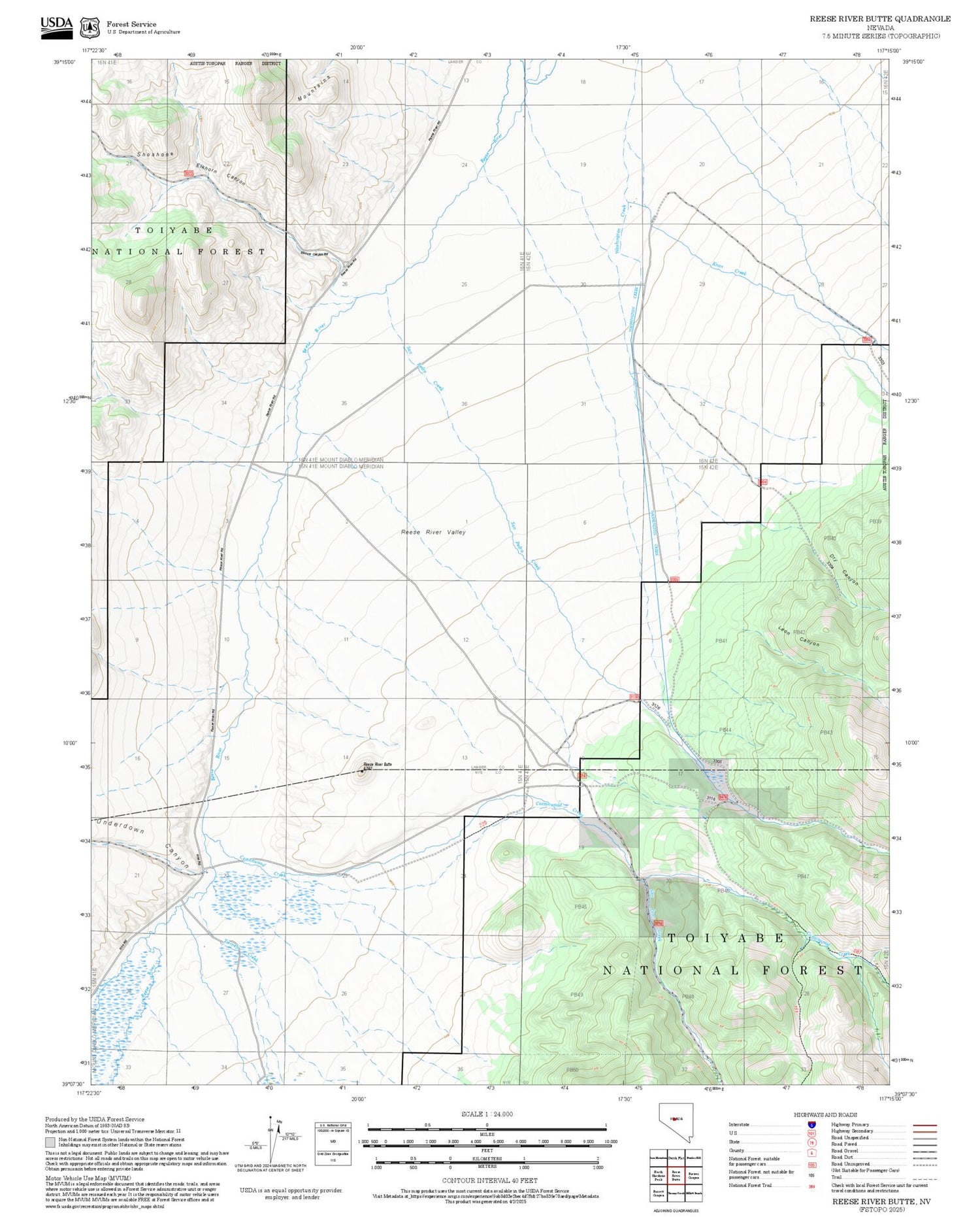 2025 Forest Service Topo Map of Reese River Butte Nevada