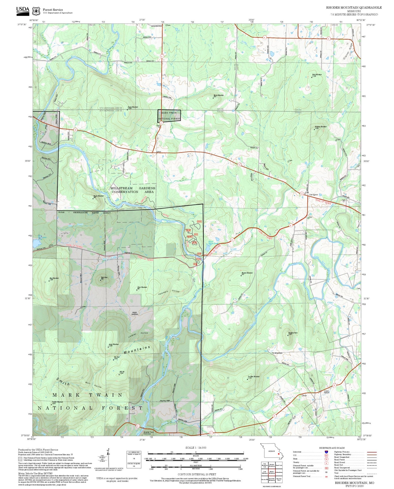2025 Forest Service Topo Map of Rhodes Mountain Missouri