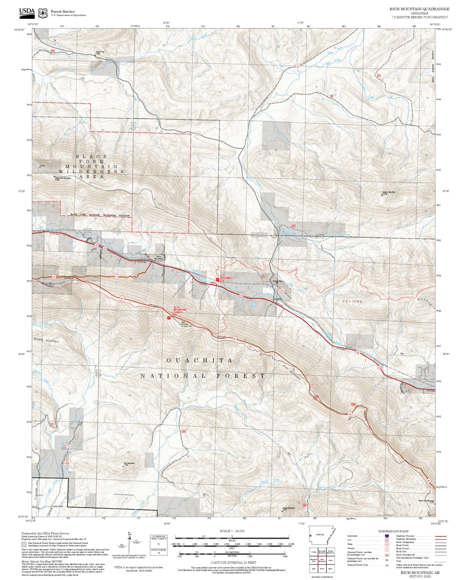 2025 Forest Service Topo Map of Rich Mountain Arkansas – MyTopo Map Store