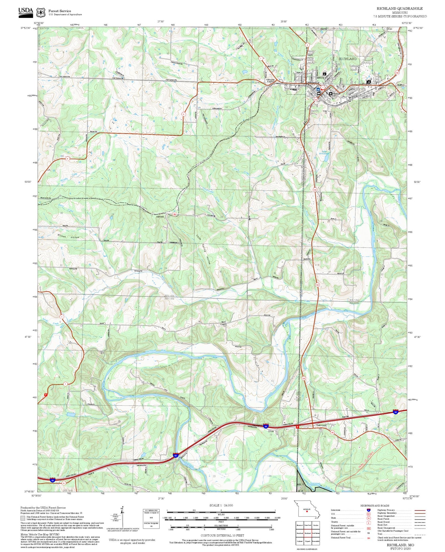 2025 Forest Service Topo Map of Richland Missouri