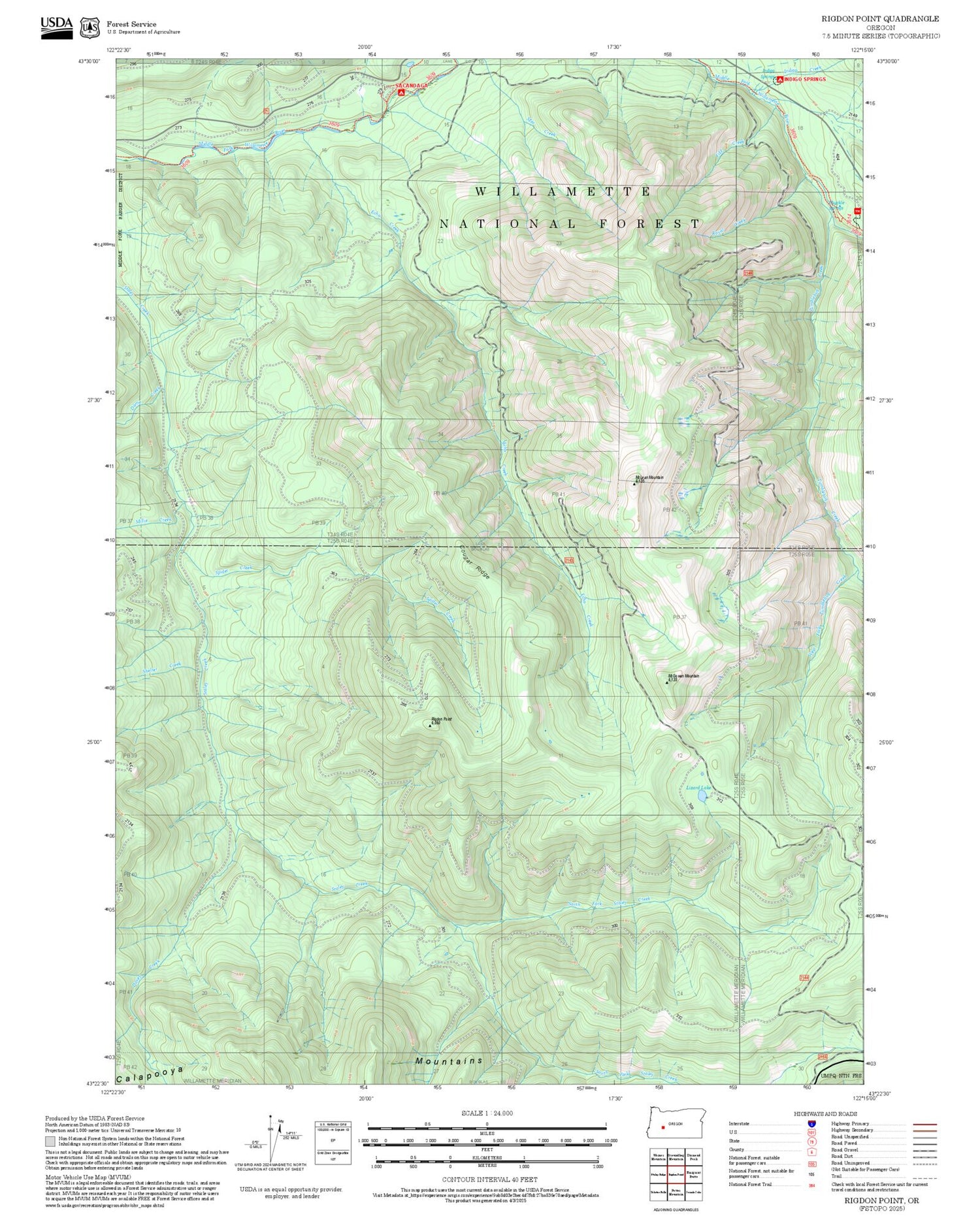 2025 Forest Service Topo Map of Rigdon Point Oregon