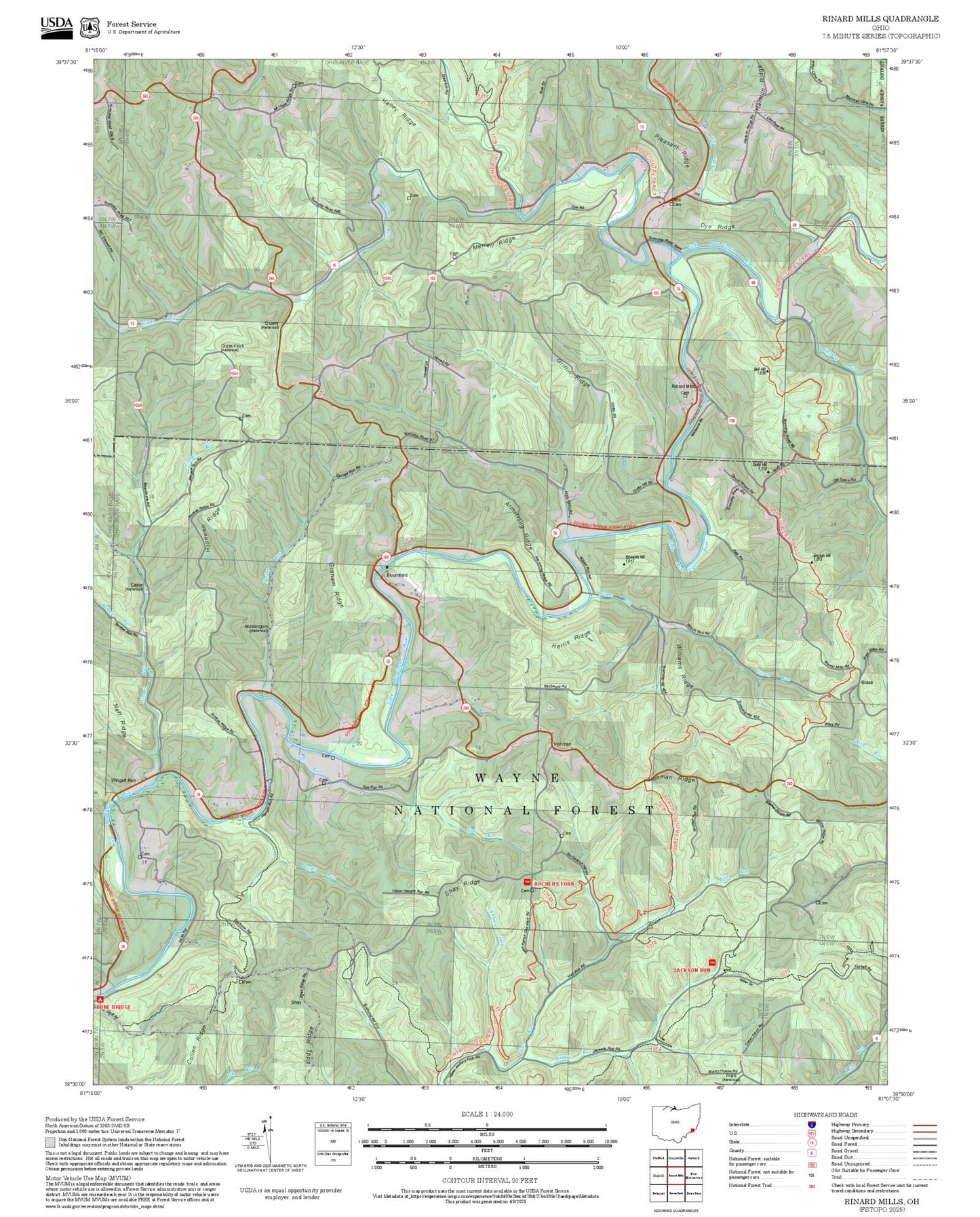 2025 Forest Service Topo Map of Rinard Mills Ohio