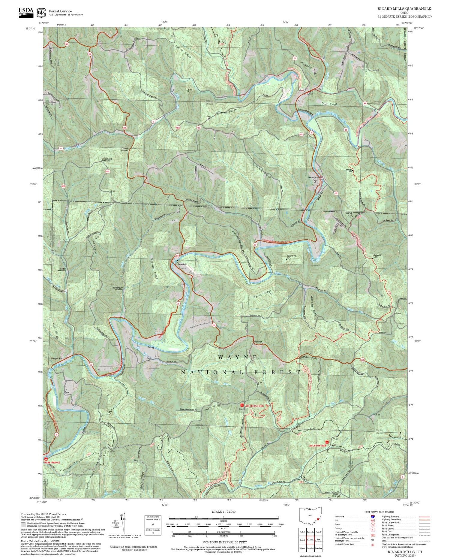 2025 Forest Service Topo Map of Rinard Mills Ohio