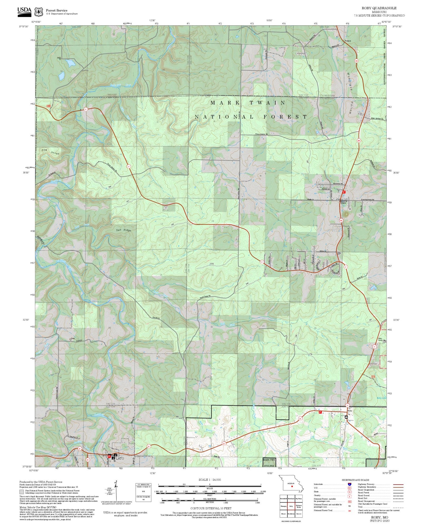 2025 Forest Service Topo Map of Roby Missouri