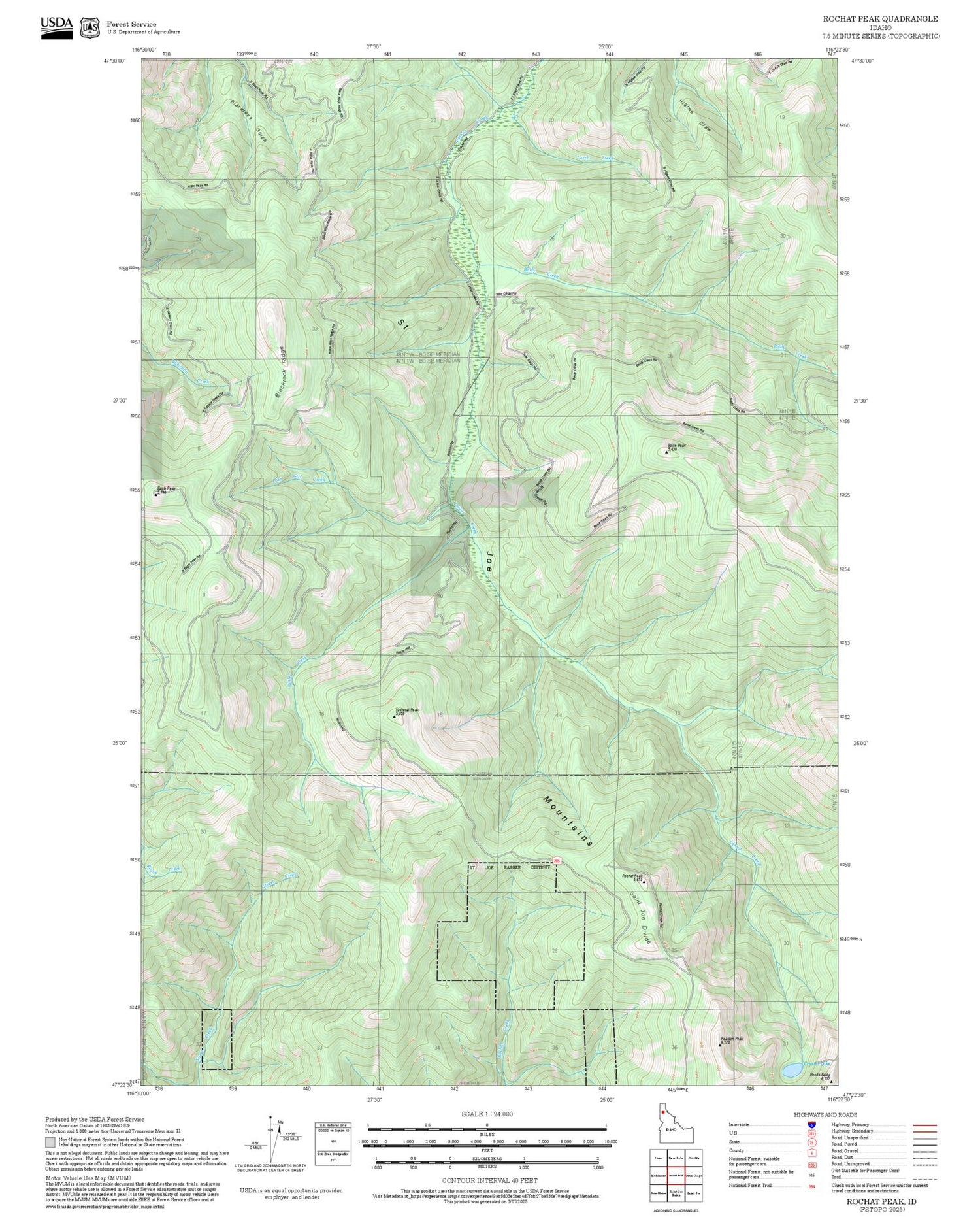 2025 Forest Service Topo Map of Rochat Peak Idaho