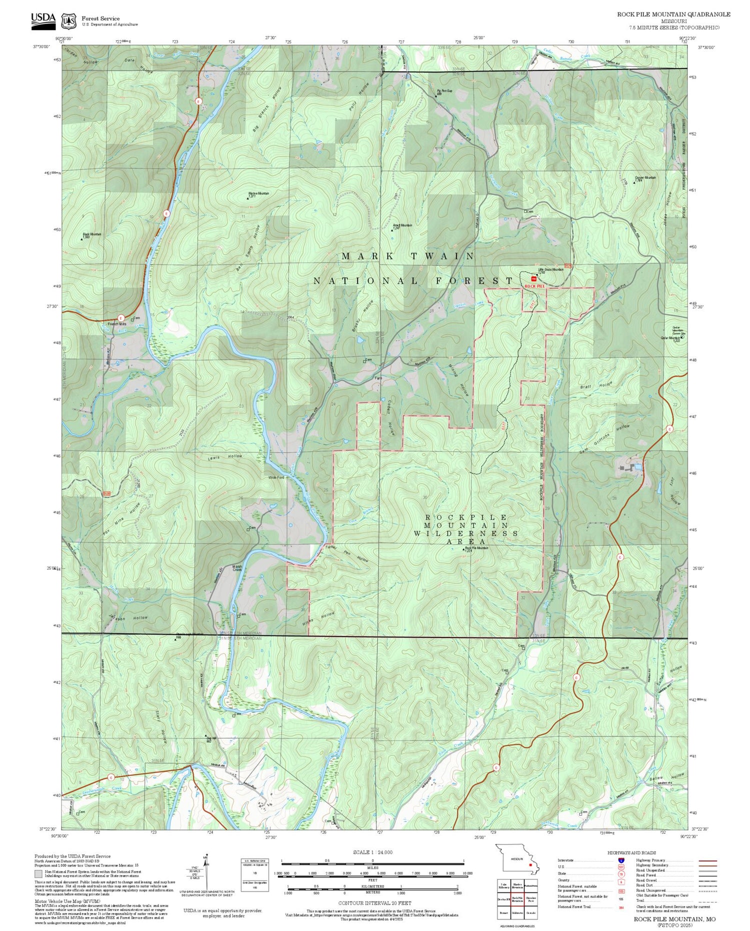 2025 Forest Service Topo Map of Rock Pile Mountain Missouri