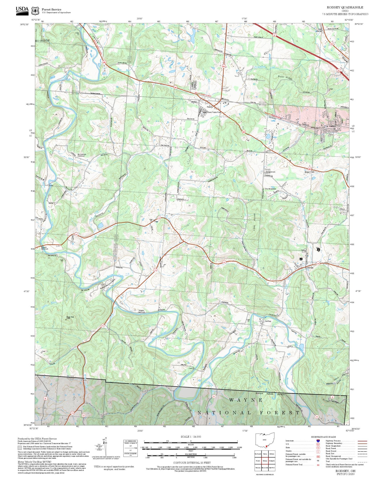 2025 Forest Service Topo Map of Rodney Ohio