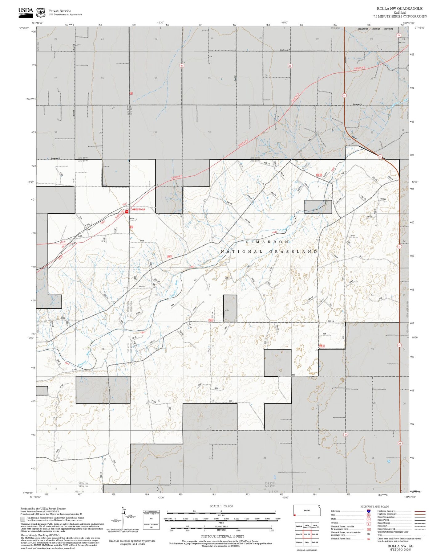 2025 Forest Service Topo Map of Rolla NW Kansas