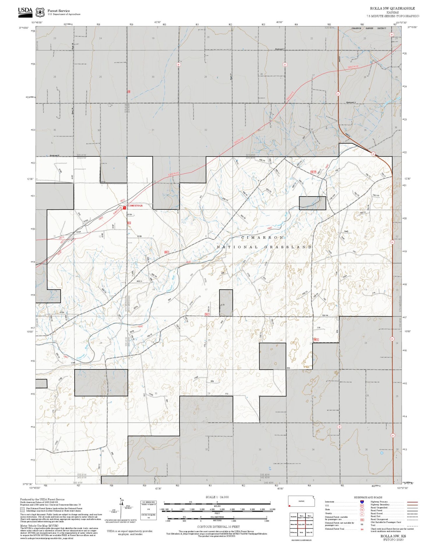 2025 Forest Service Topo Map of Rolla NW Kansas