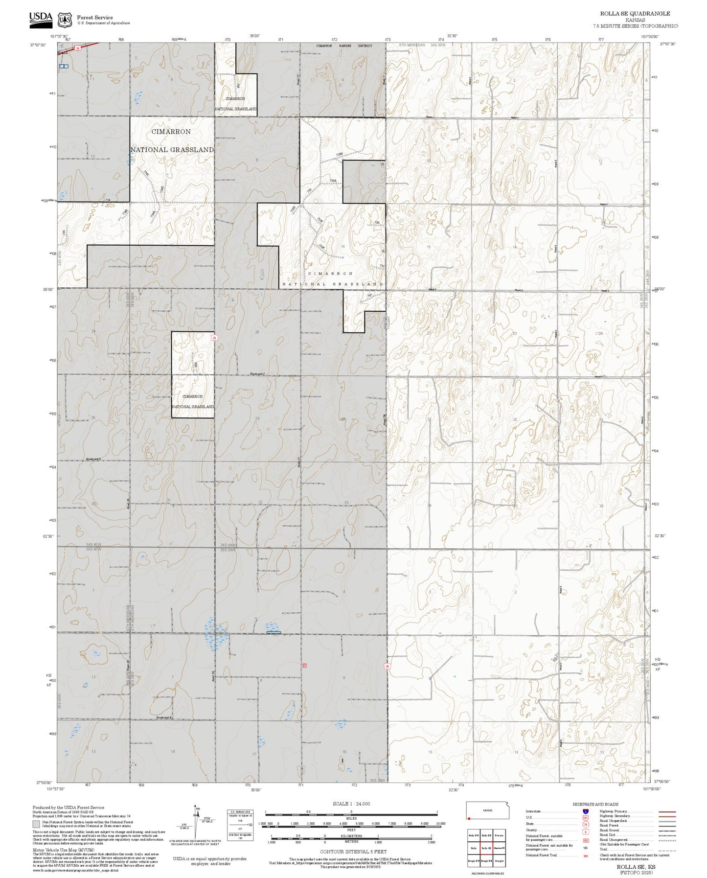 2025 Forest Service Topo Map of Rolla SE Kansas
