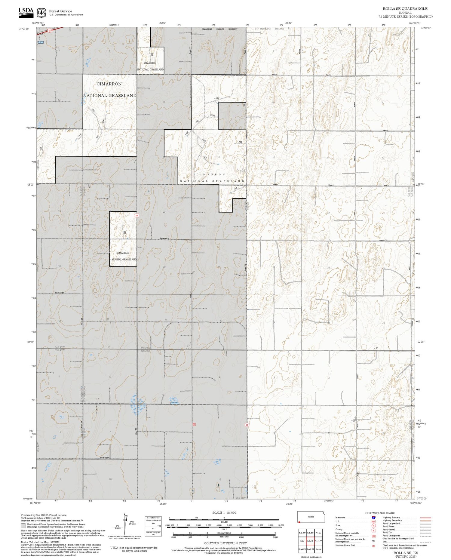 2025 Forest Service Topo Map of Rolla SE Kansas