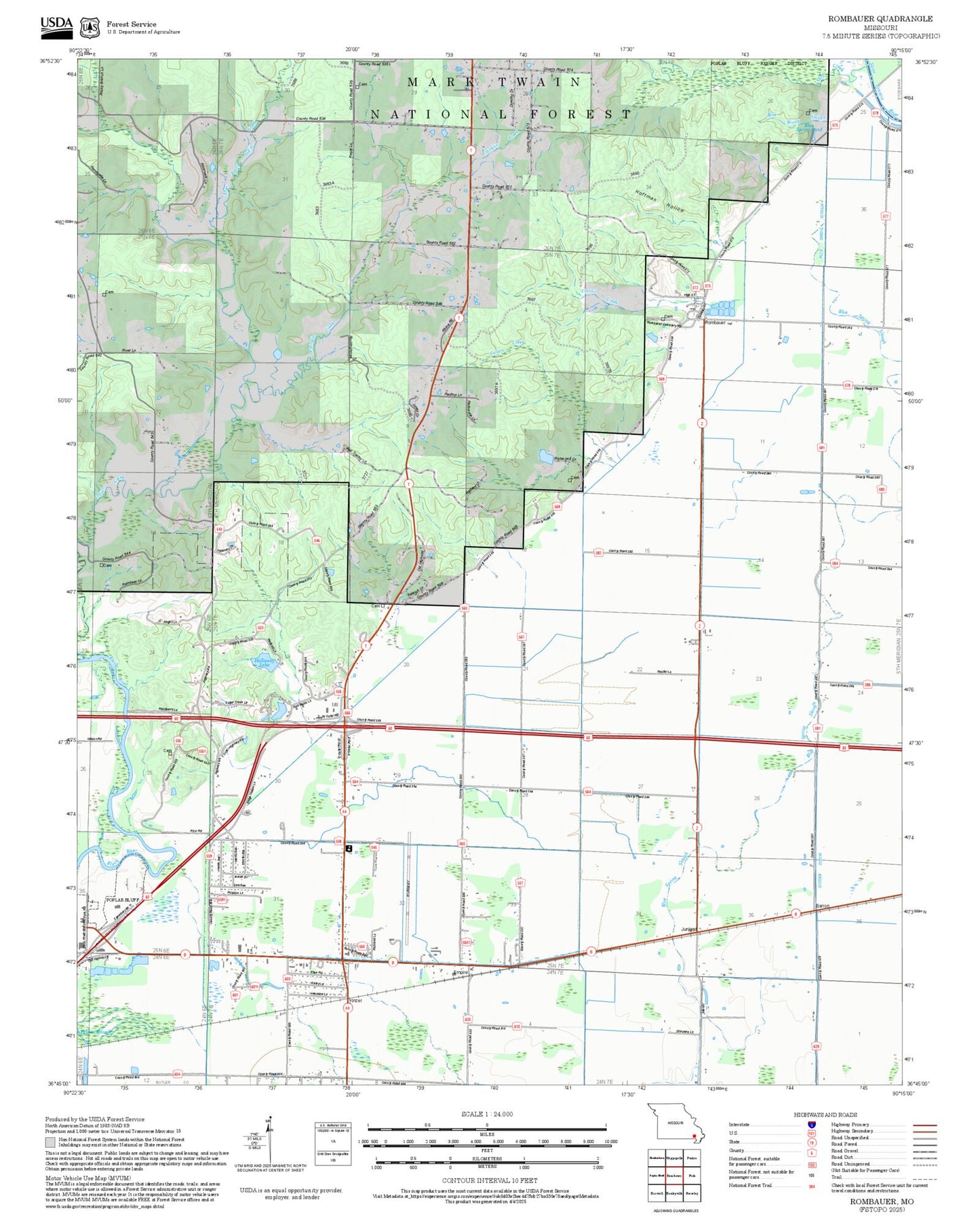 2025 Forest Service Topo Map of Rombauer Missouri