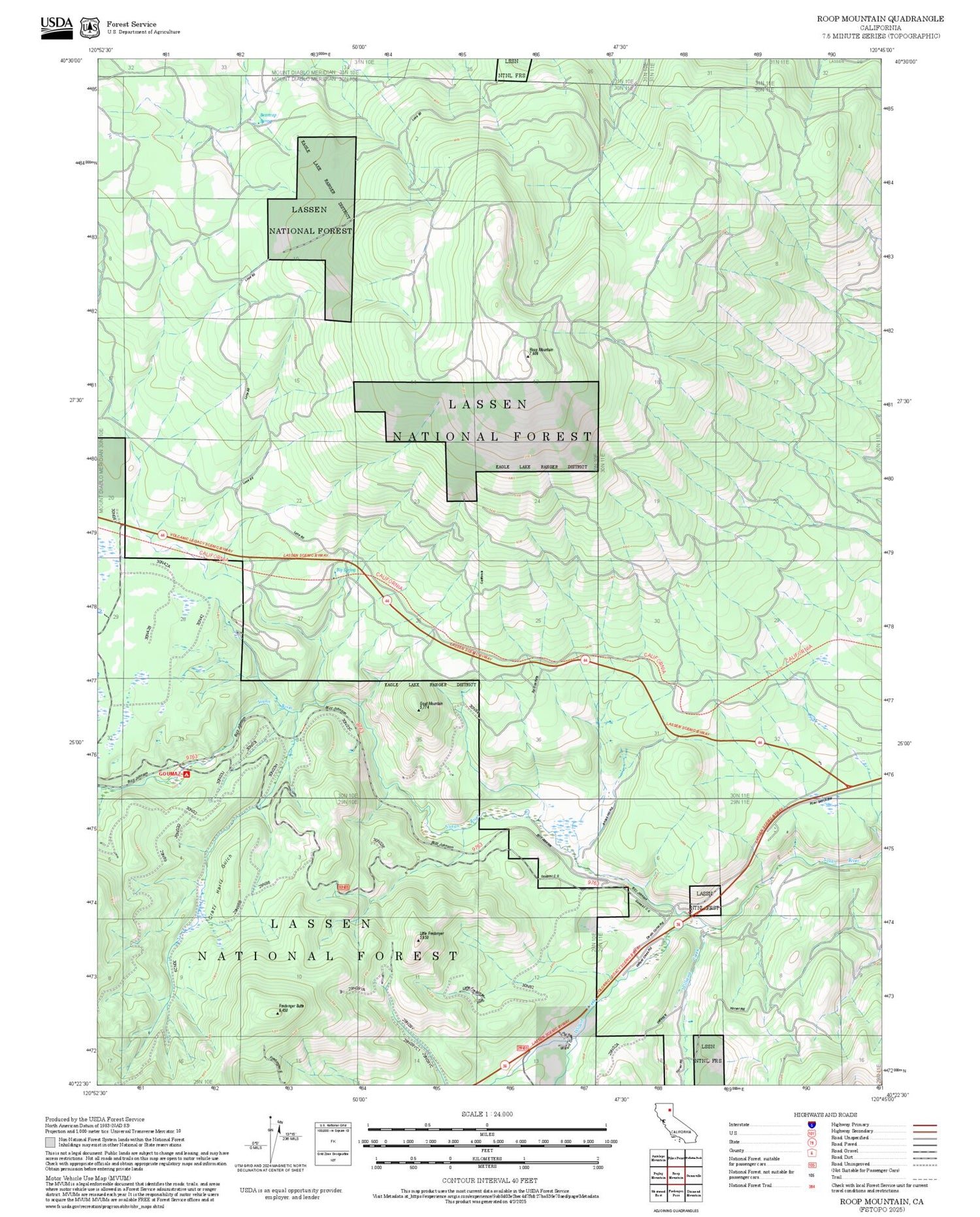2025 Forest Service Topo Map of Roop Mountain California