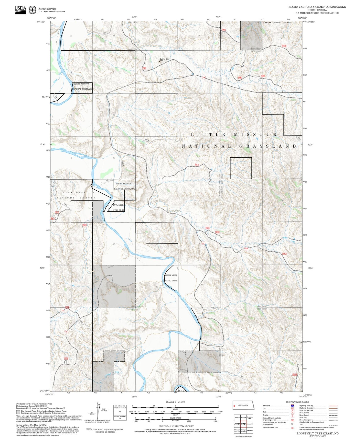 2025 Forest Service Topo Map of Roosevelt Creek East North Dakota