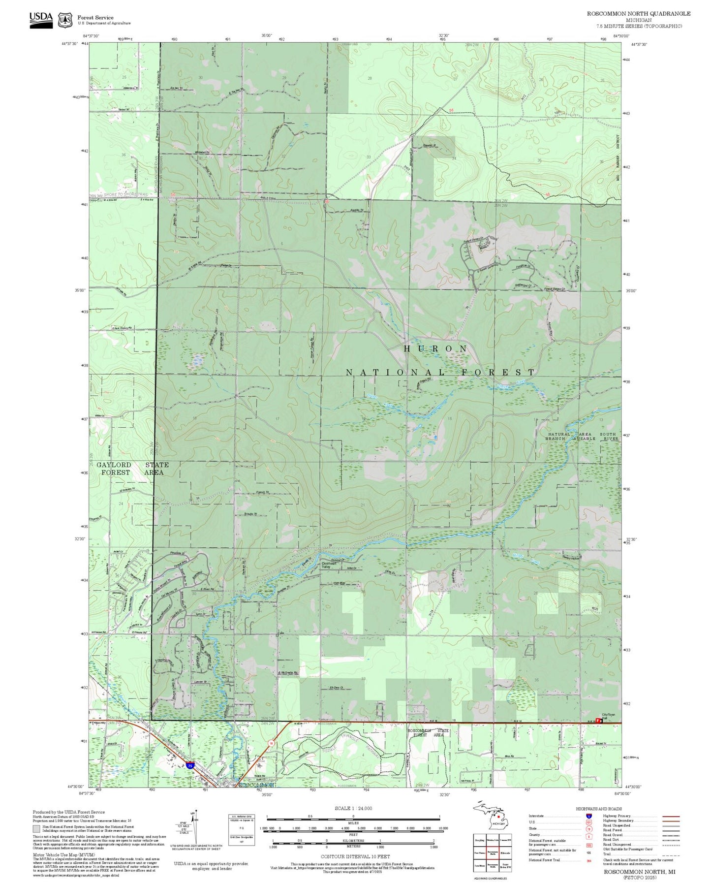 2025 Forest Service Topo Map of Roscommon North Michigan