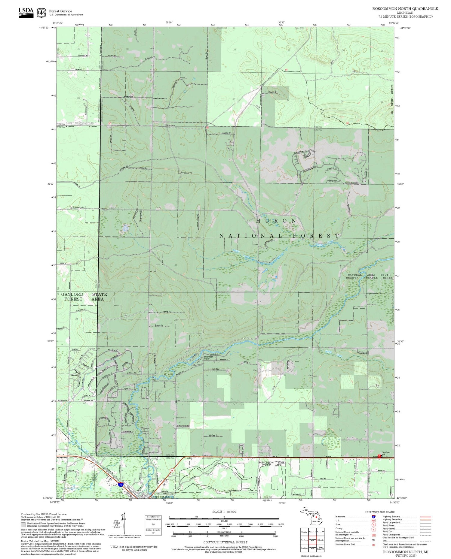 2025 Forest Service Topo Map of Roscommon North Michigan